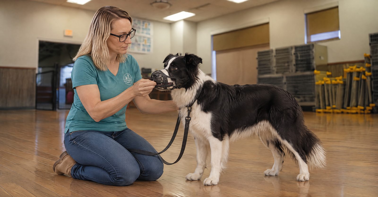Calm Golden Retriever wearing a conditioned basket muzzle during mock handling