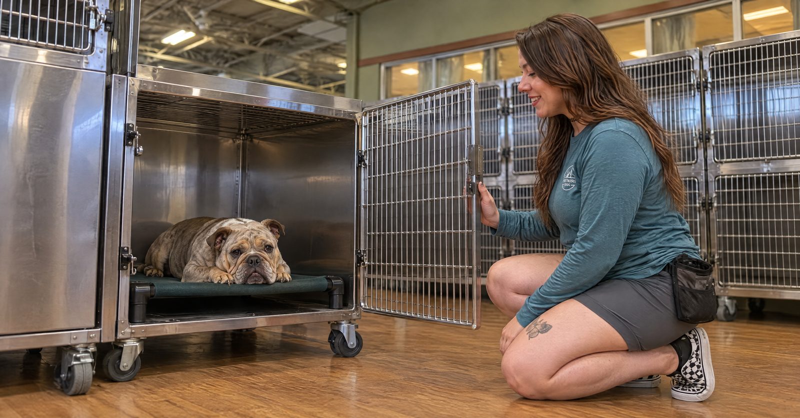Storm-anxious adult Australian Shepherd settled in a crate during a monsoon-season desensitization session