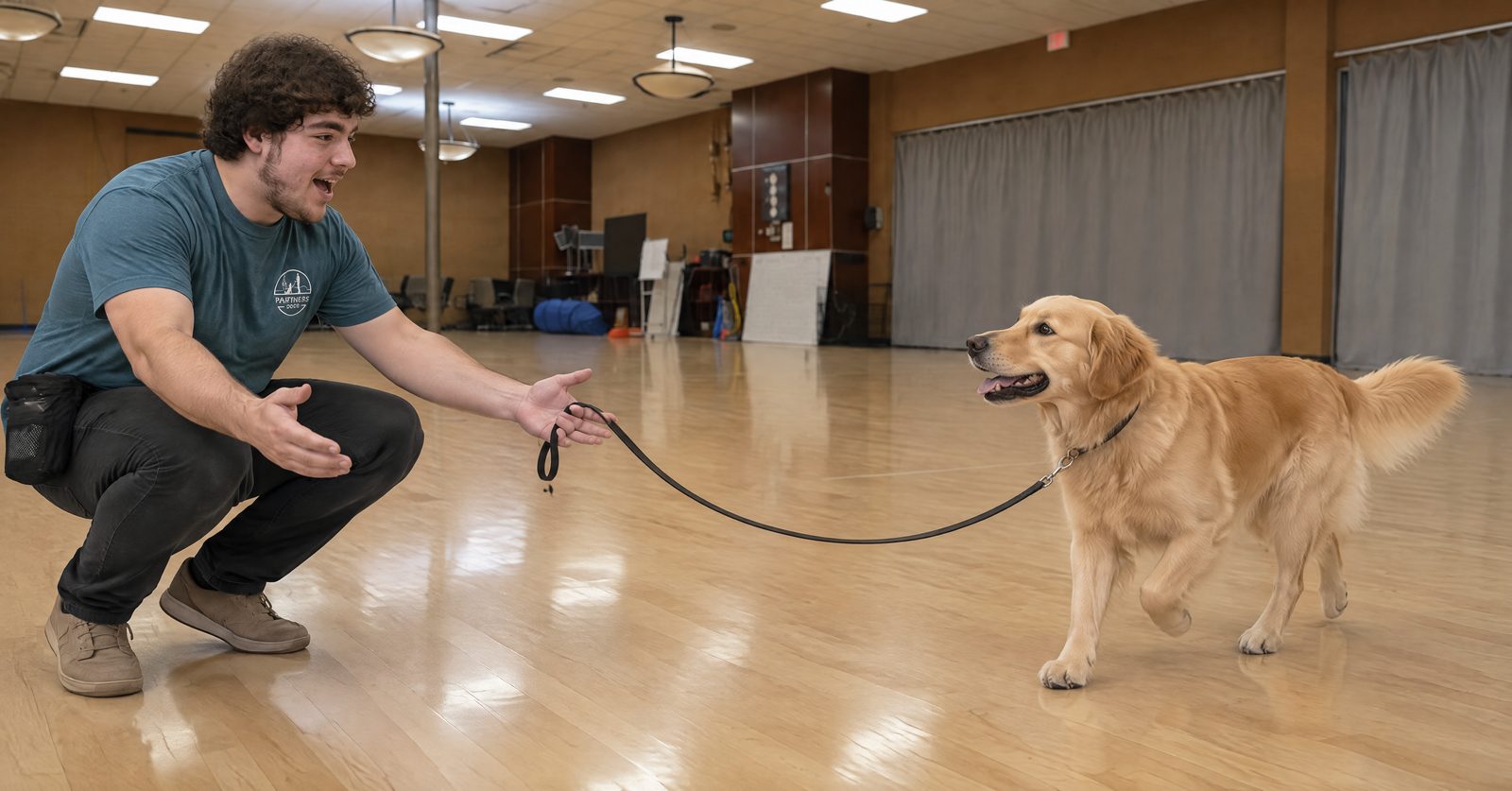 Trainer proofing a recall on a long line with an adult Border Collie at the Partners Dogs Cave Creek campus
