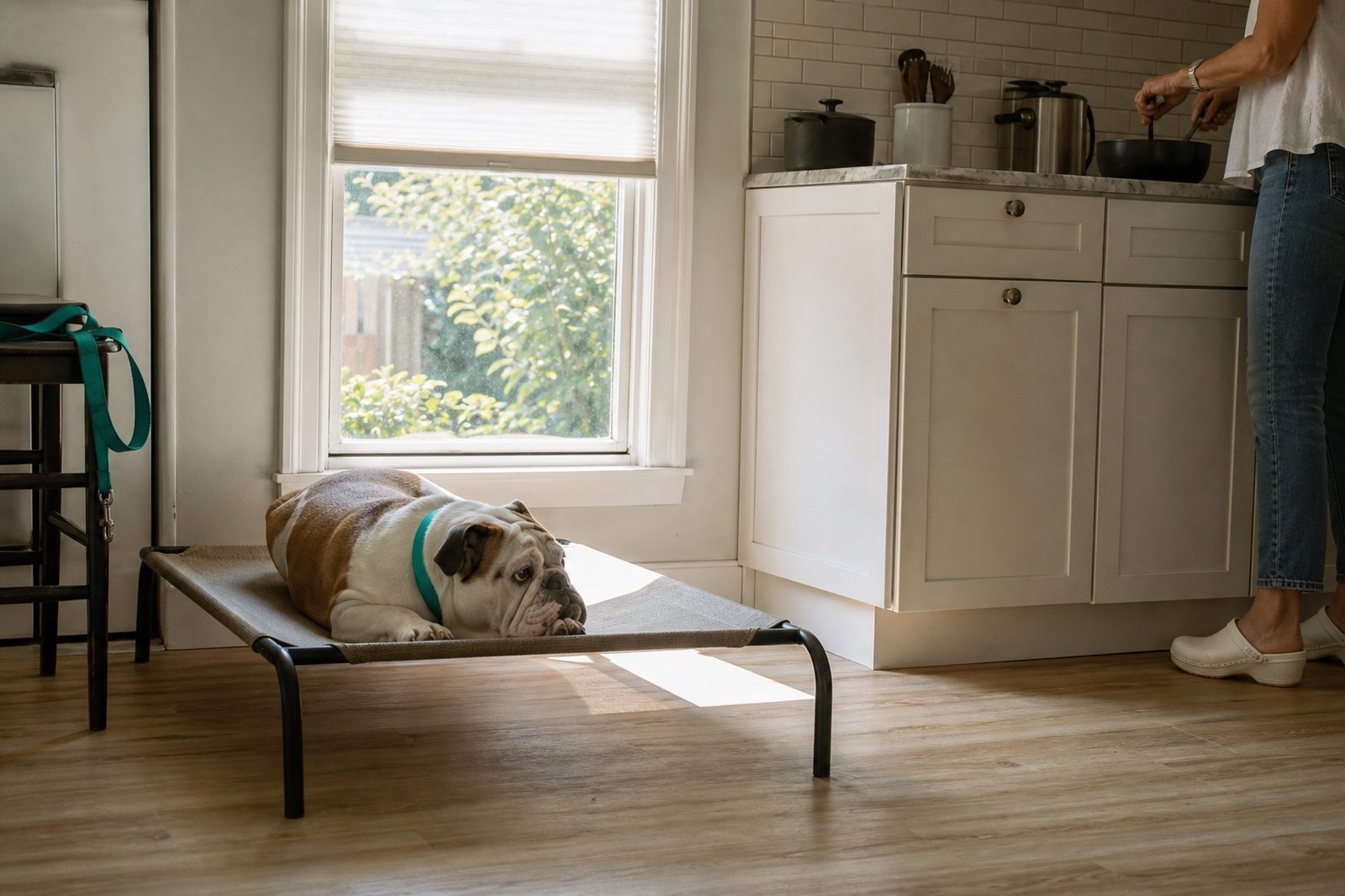 Adult Labrador Retriever holding a settle on a cot at home, the default response that lowers the cost of dog vet bills