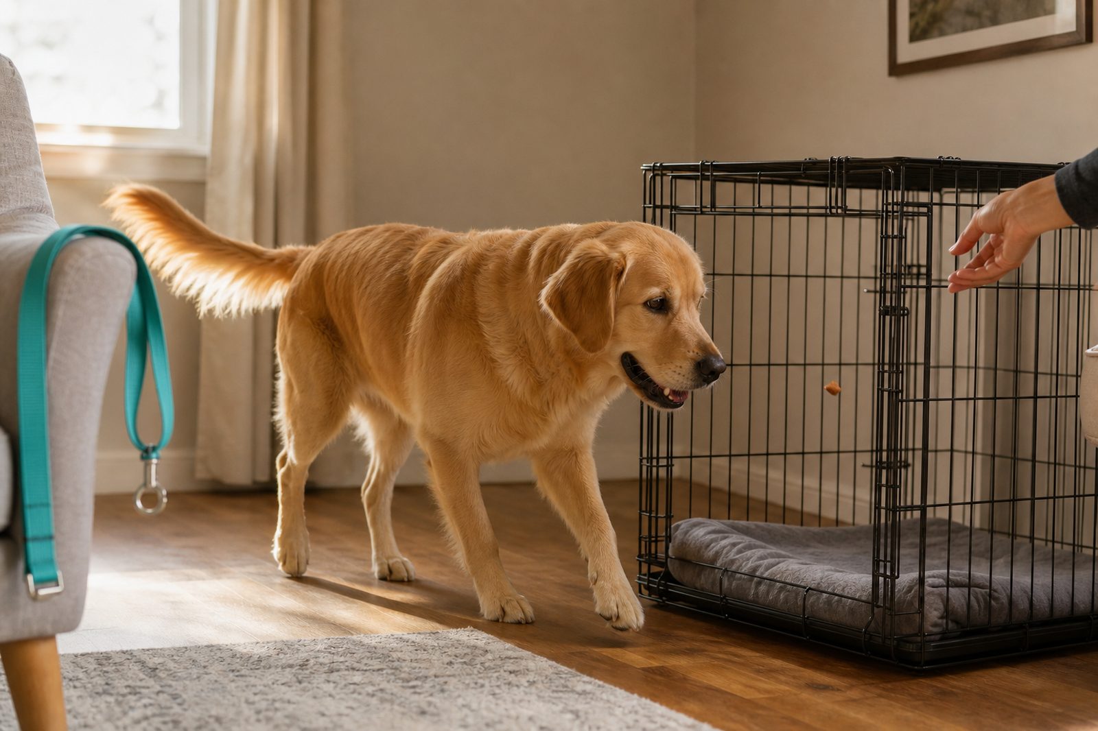 Pet Parent tossing treats into an open crate while an adult Golden Retriever investigates
