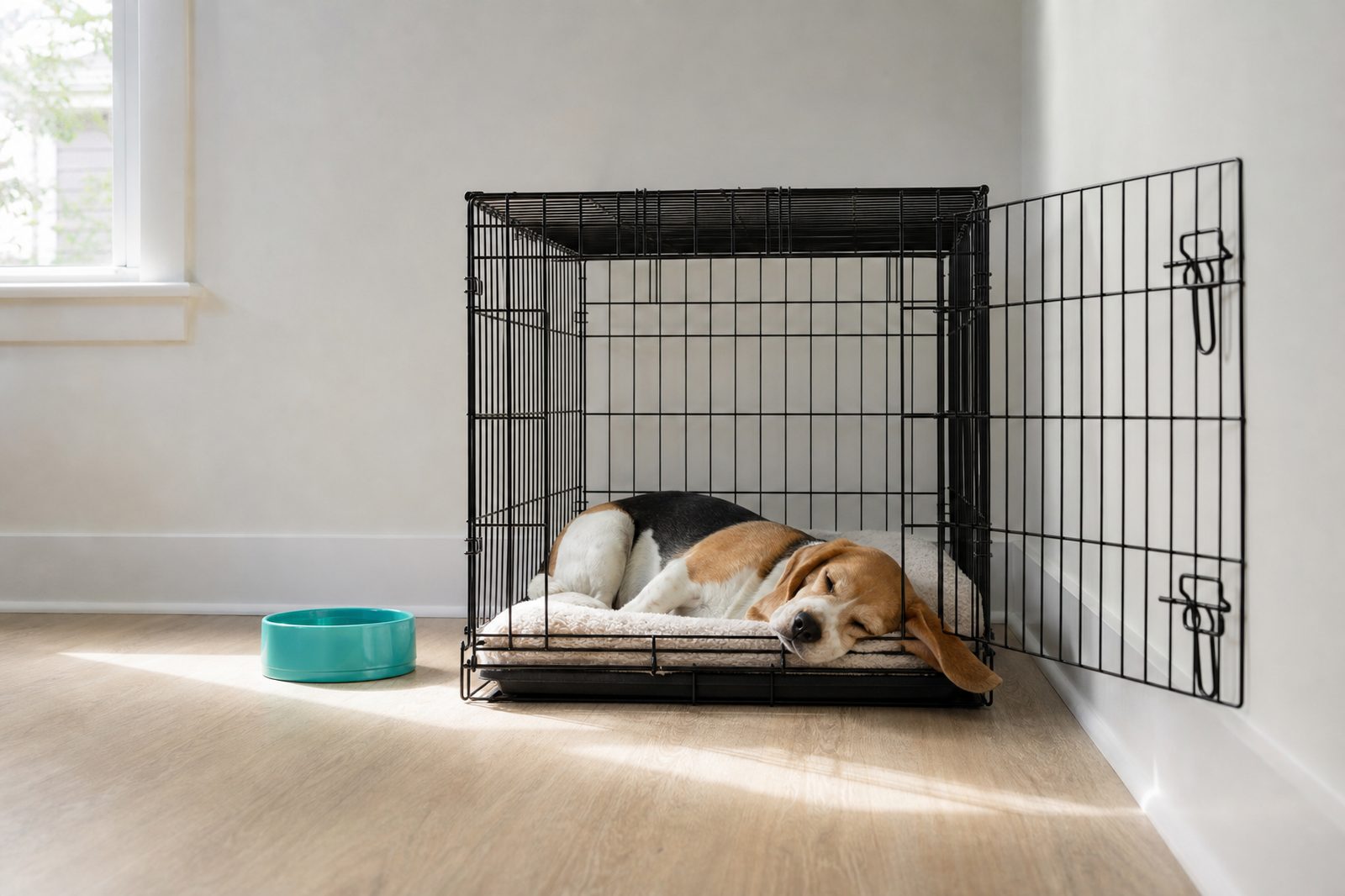 Adult Beagle napping calmly in an open crate used as a den at home