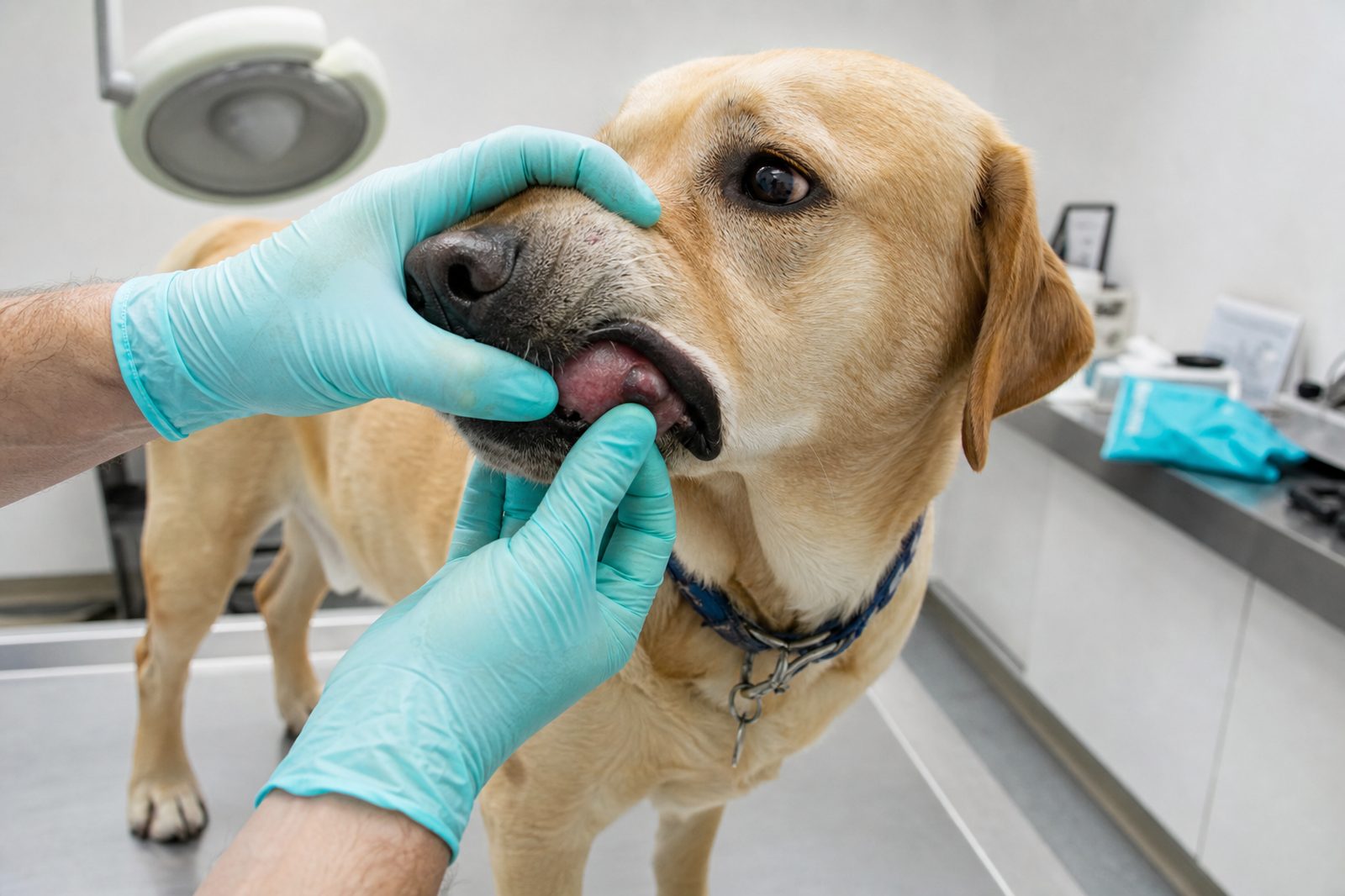 Close-up of rapid swelling on a dog's muzzle at a rattlesnake bite site during a vet exam