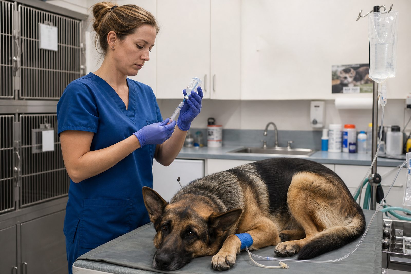 Emergency veterinarian treating a dog bitten by a rattlesnake with IV fluids in an Arizona clinic
