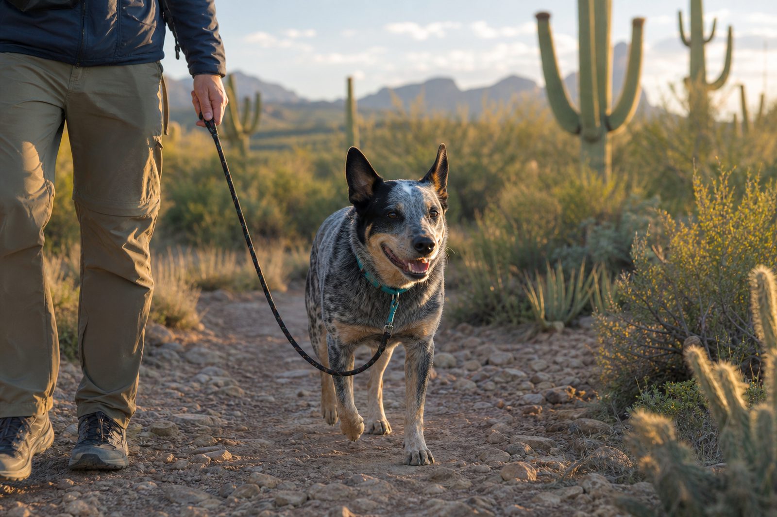 Partners Dogs trainer hiking a desert trail with a dog on a short leash in rattlesnake country