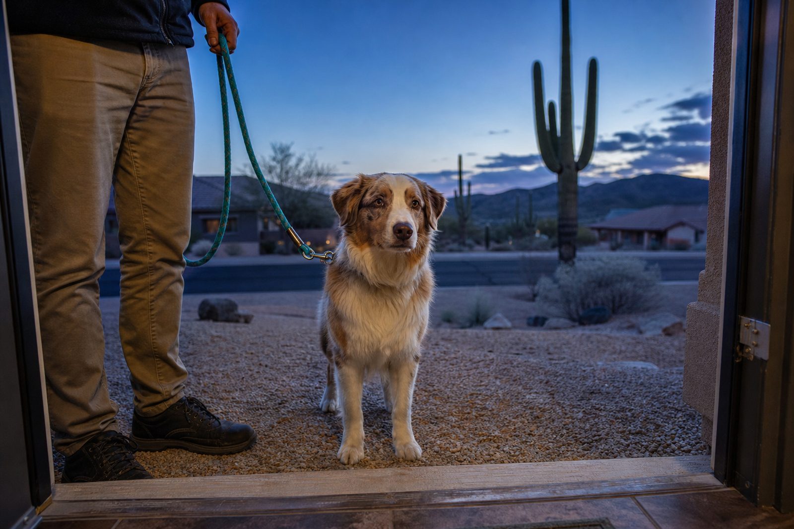 Adult Australian Shepherd on a leash waiting at an open front door of a Scottsdale home, desert neighborhood beyond