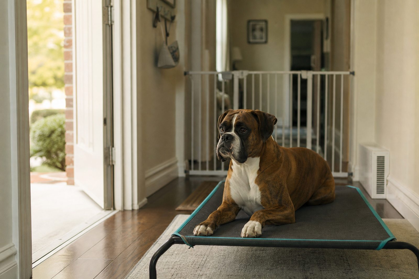 Adult Boxer holding place on a cot near an open front door during threshold training