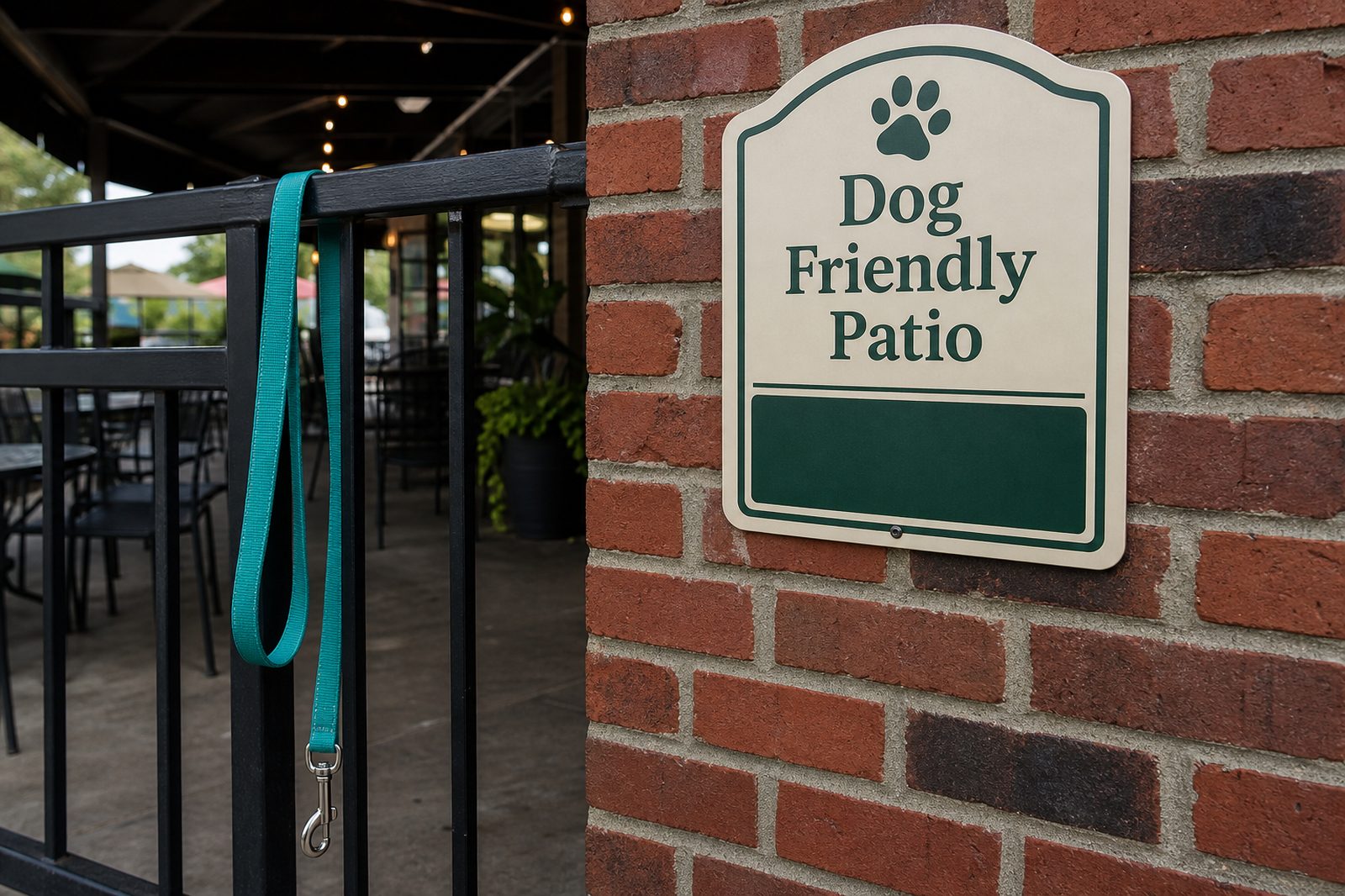 Maricopa County dog friendly patio sign posted at a Scottsdale restaurant entrance