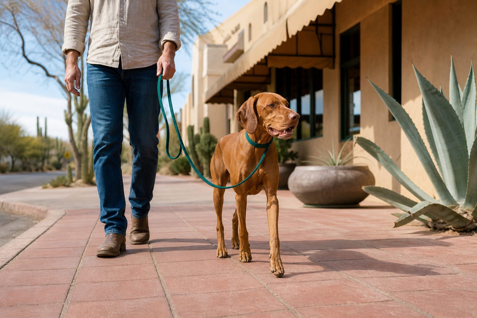 Trainer practicing leash manners with an adult Border Terrier on an Old Town Scottsdale sidewalk
