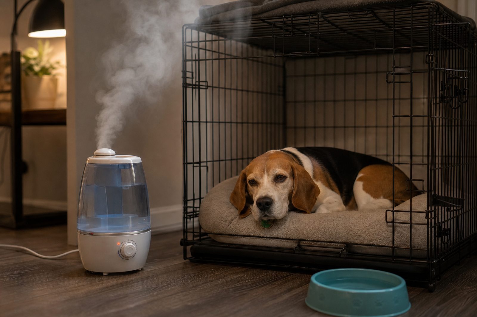 Cool-mist humidifier running beside a crate where an adult Beagle rests during home care