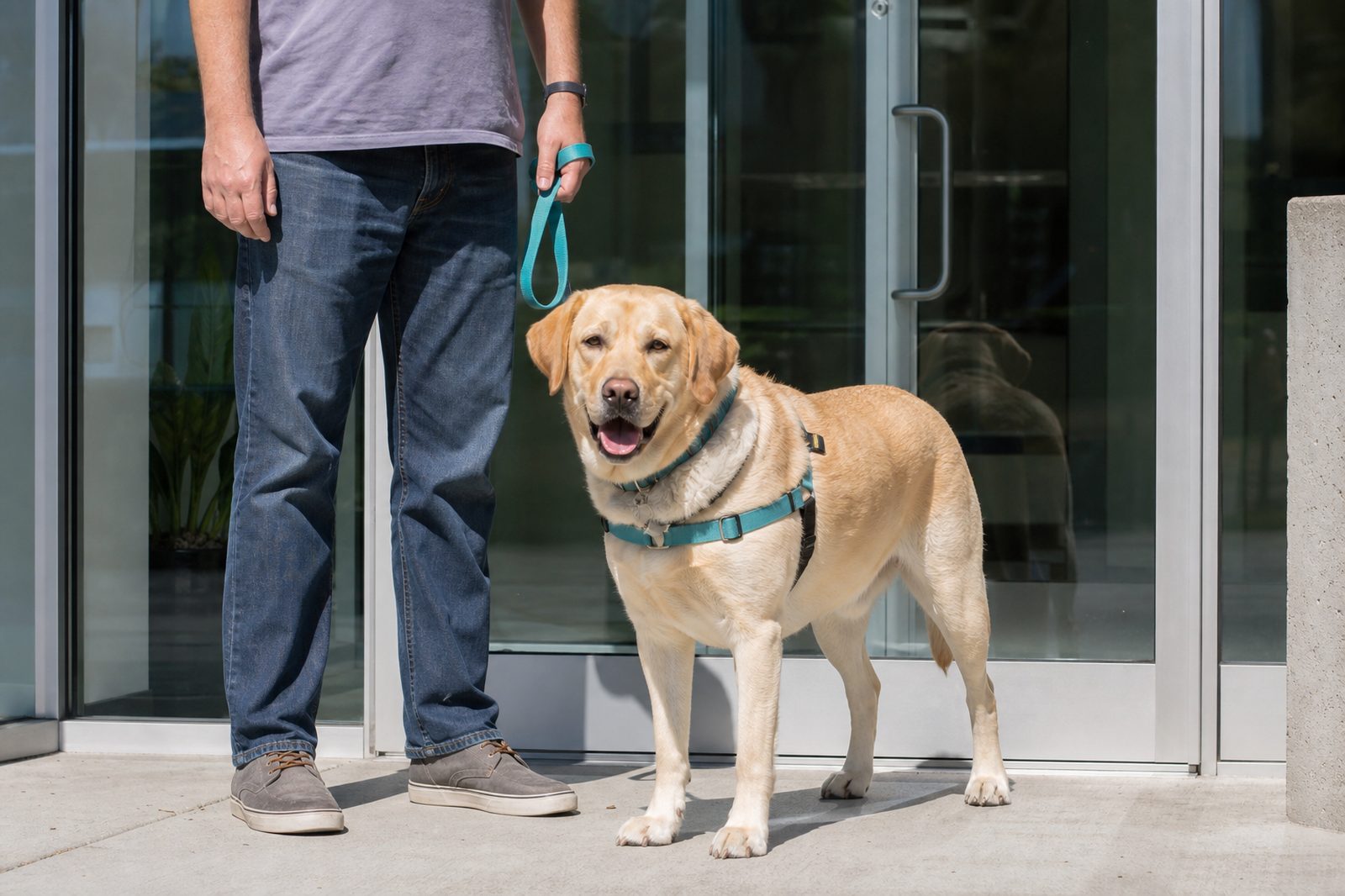 Adult Labrador Retriever in a harness with its owner at a veterinary clinic entrance