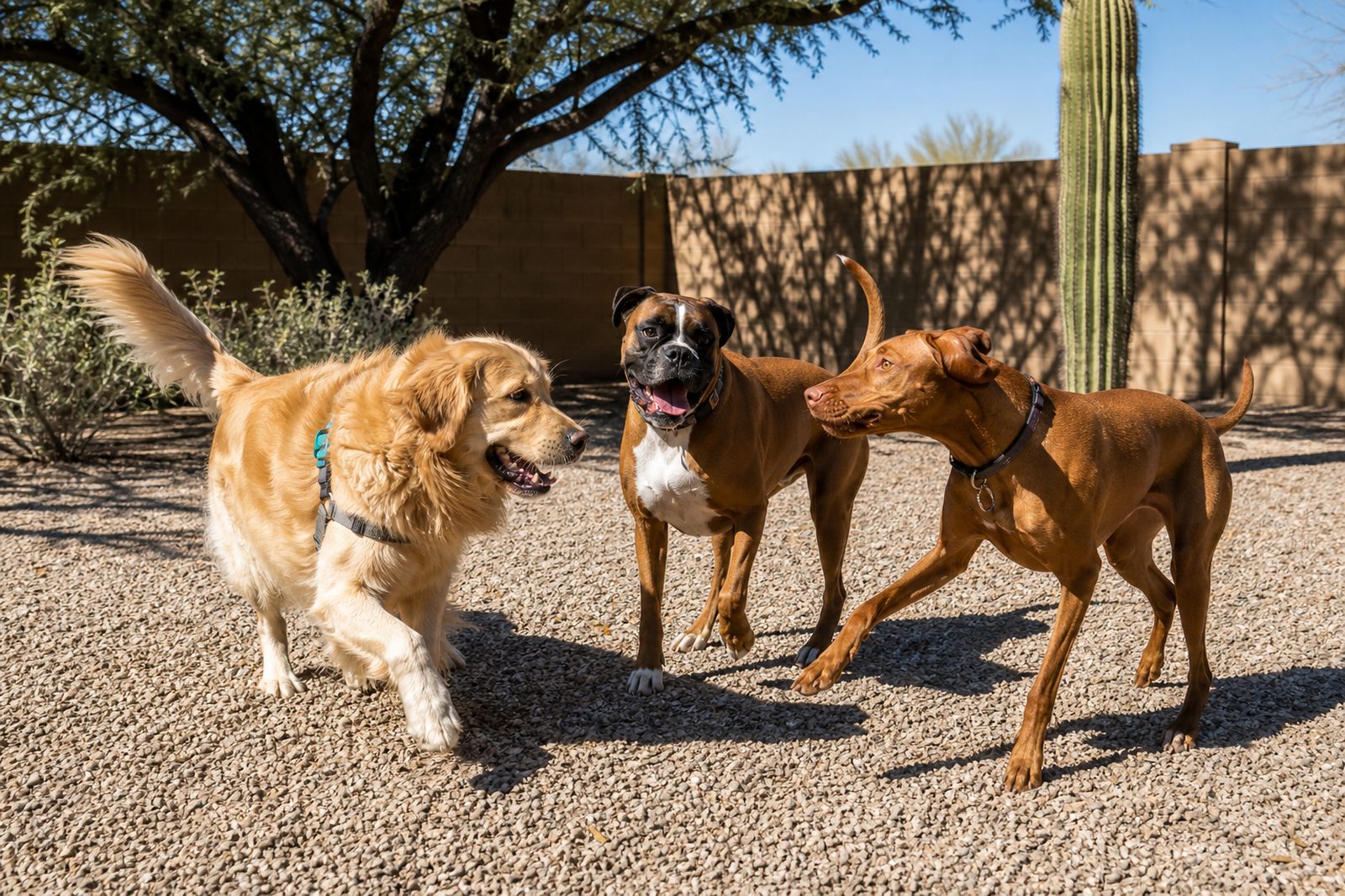 Adult Golden Retriever playing outdoors with two dogs of different breeds after full recovery