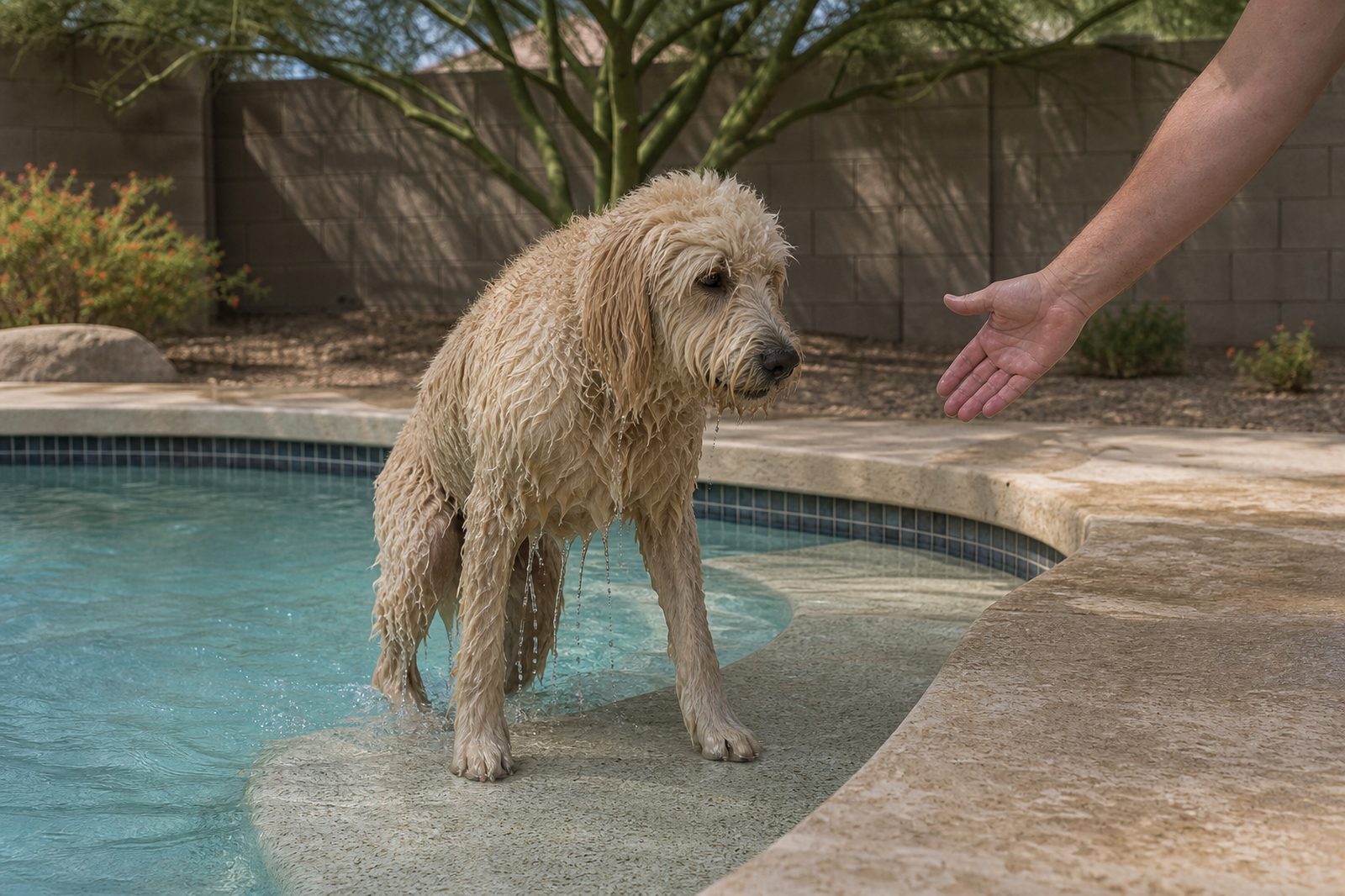 Trainer guiding a Golden Retriever up marked pool steps during a refresher session