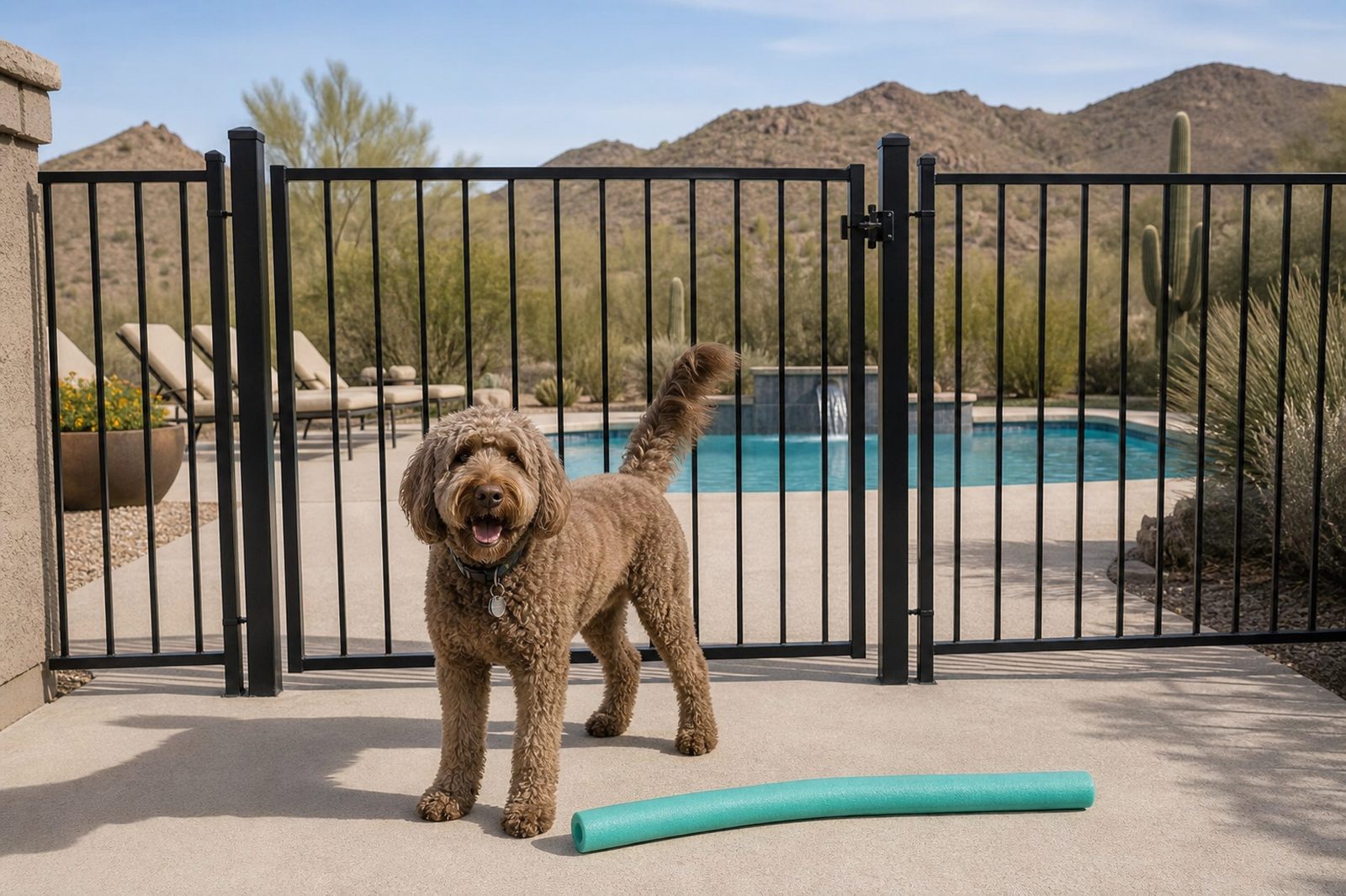 Five-foot pool fence with self-latching gate keeping a German Shepherd away from the water