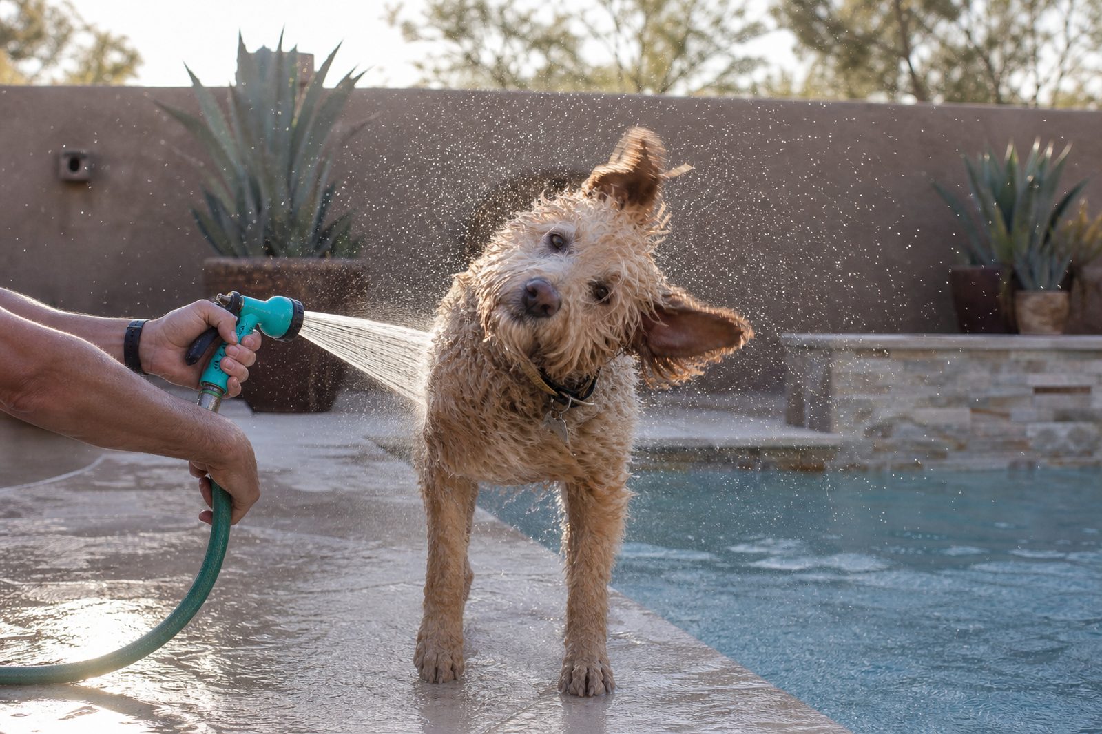 Trainer rinsing an Australian Shepherd with a hose on a pool deck after swimming