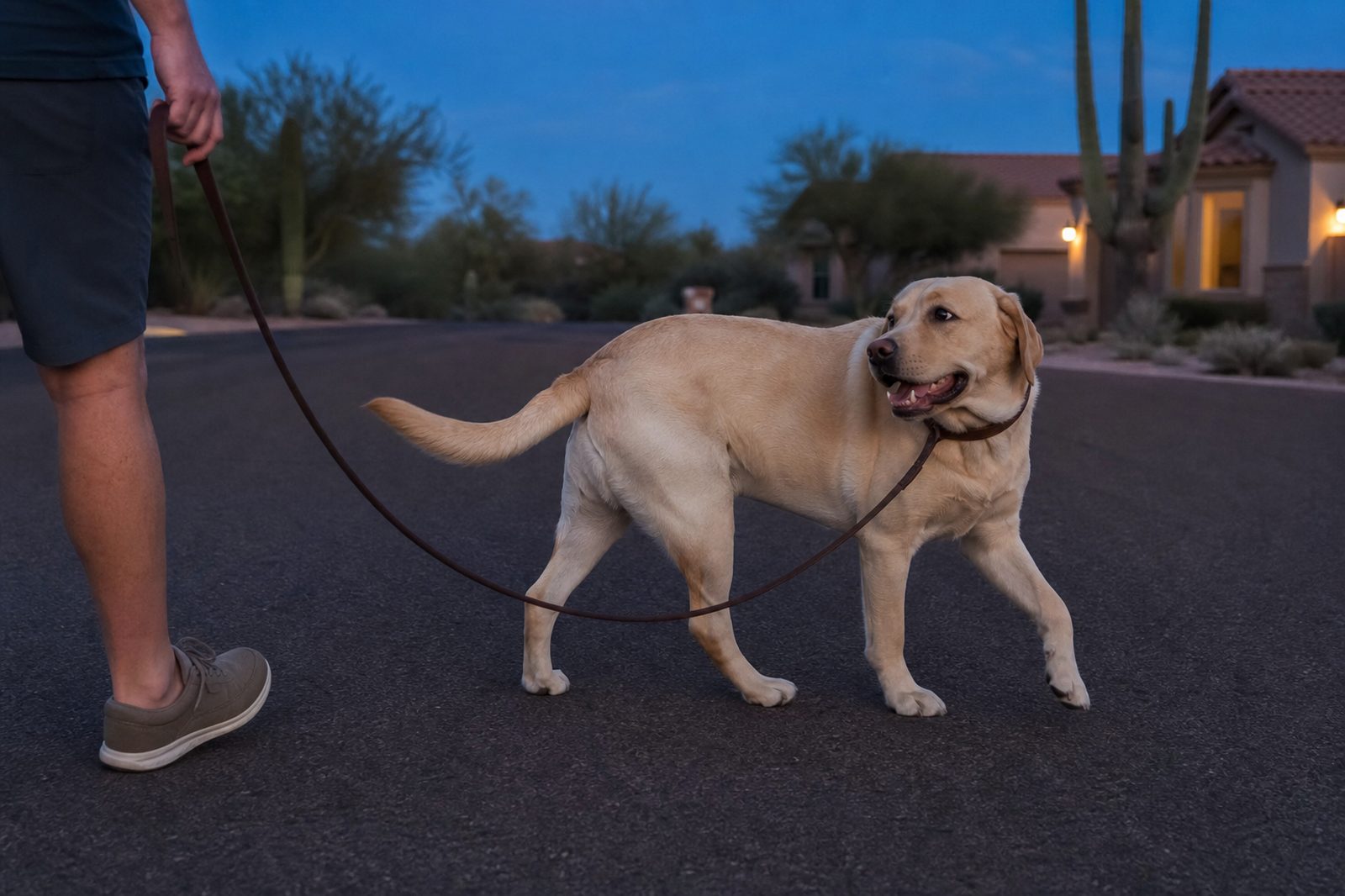 Dog checking back in with owner after a low-level e-collar redirect cue on a Scottsdale walk