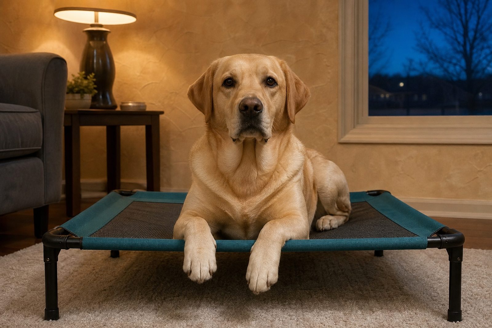 Dog holding place on a cot at home after e-collar redirect cue conditioning