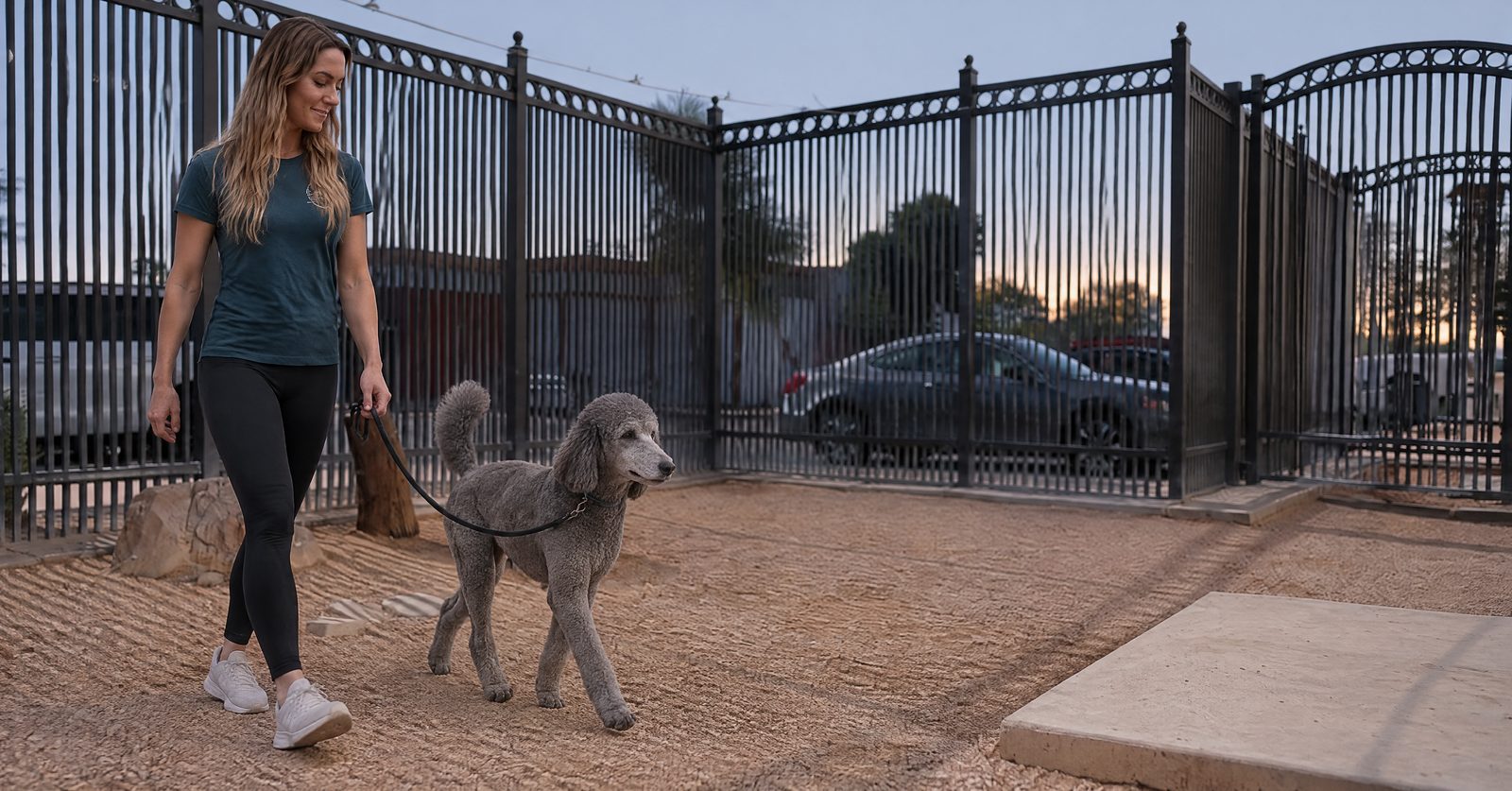 Emma Vincent walks a Standard Poodle in the fenced gravel entrance yard at Partners Dogs Scottsdale.