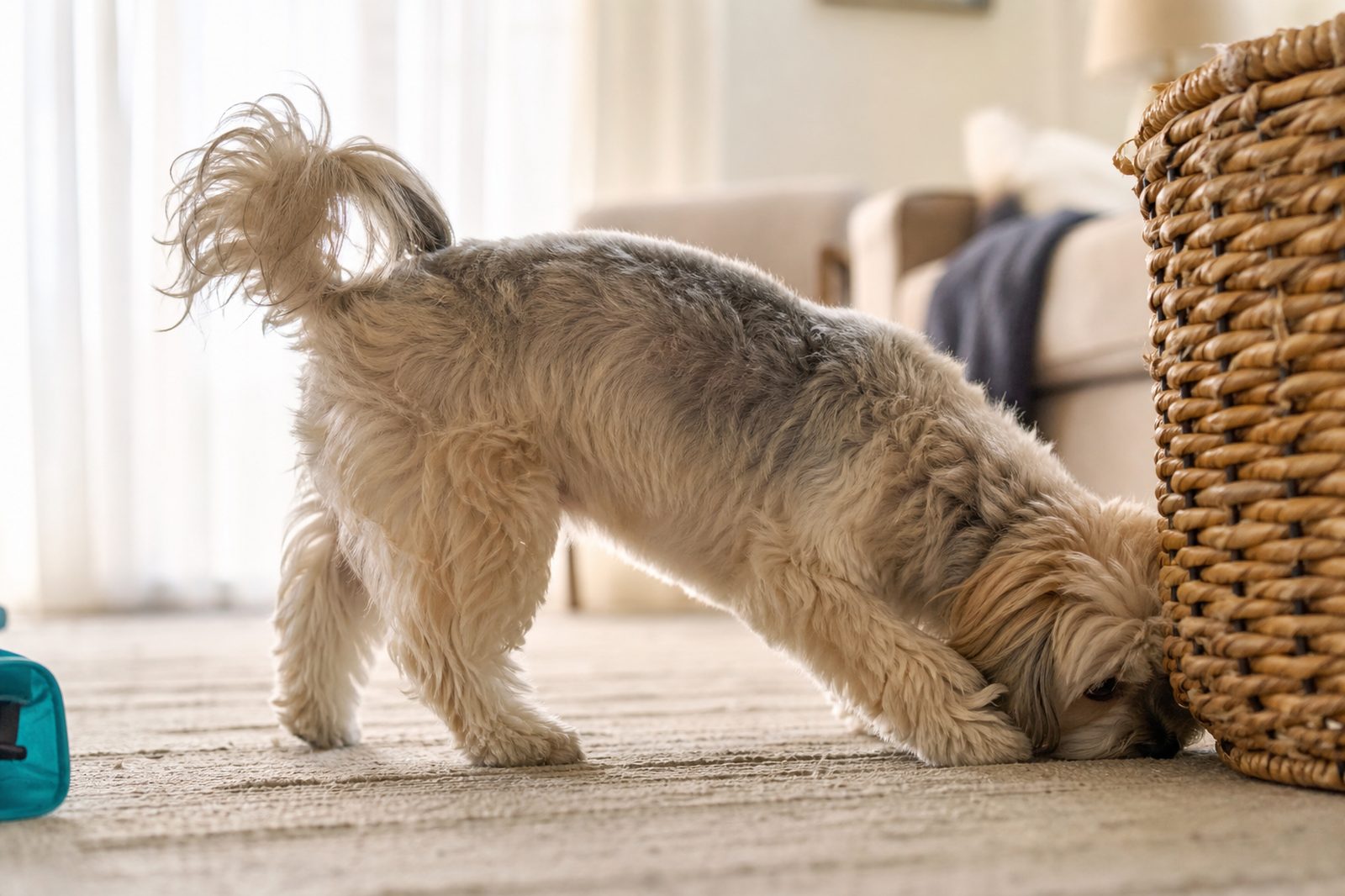 Australian Shepherd searching for hidden treats in an indoor nosework game