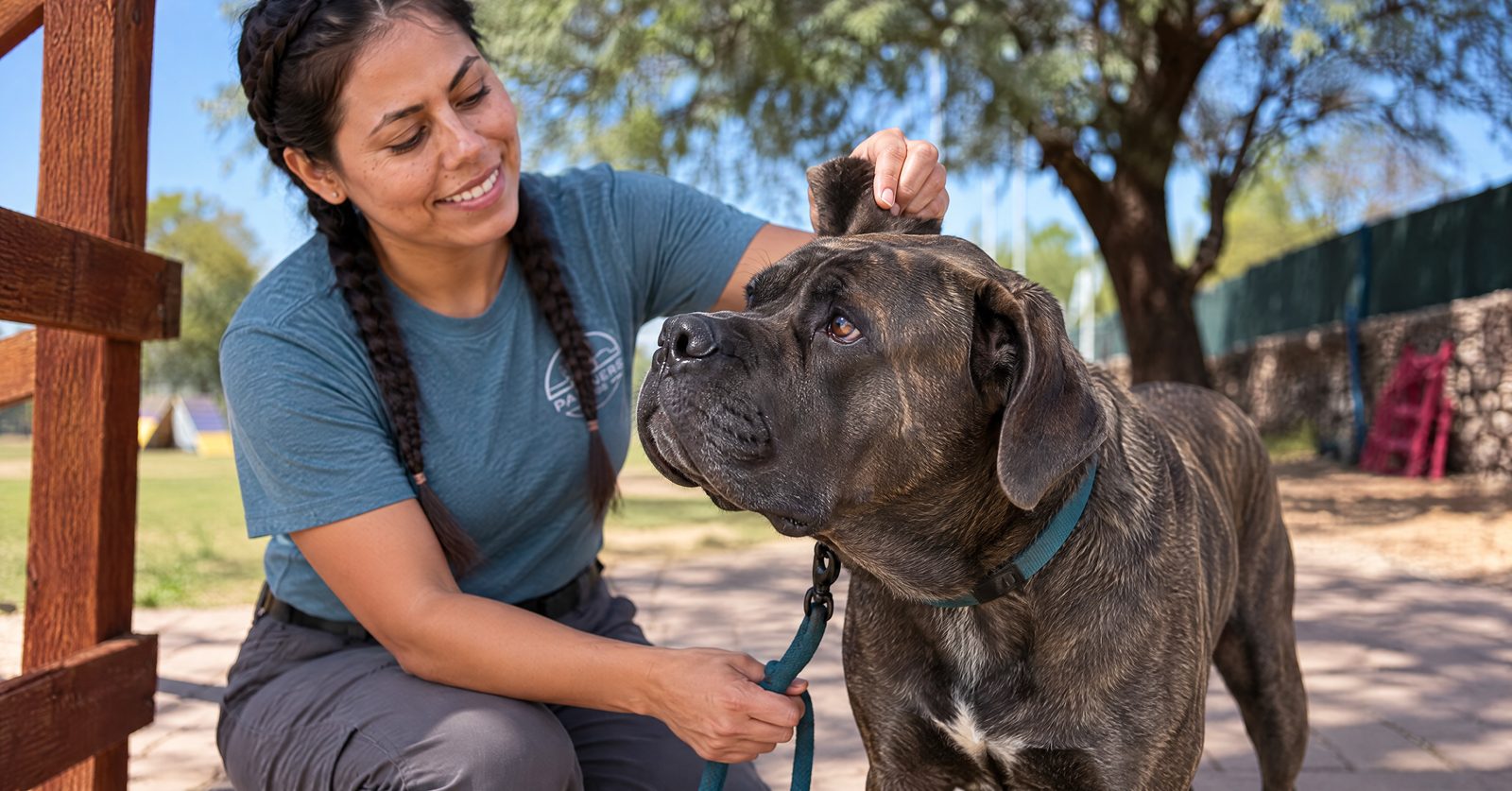 Trainer fitting a mesh field-guard hood on a German shepherd at a desert trailhead