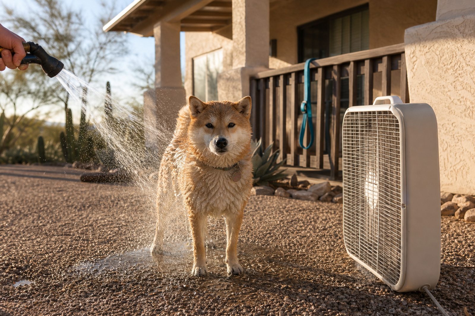 Overheated Labrador cooled with room-temperature water and a fan before the vet