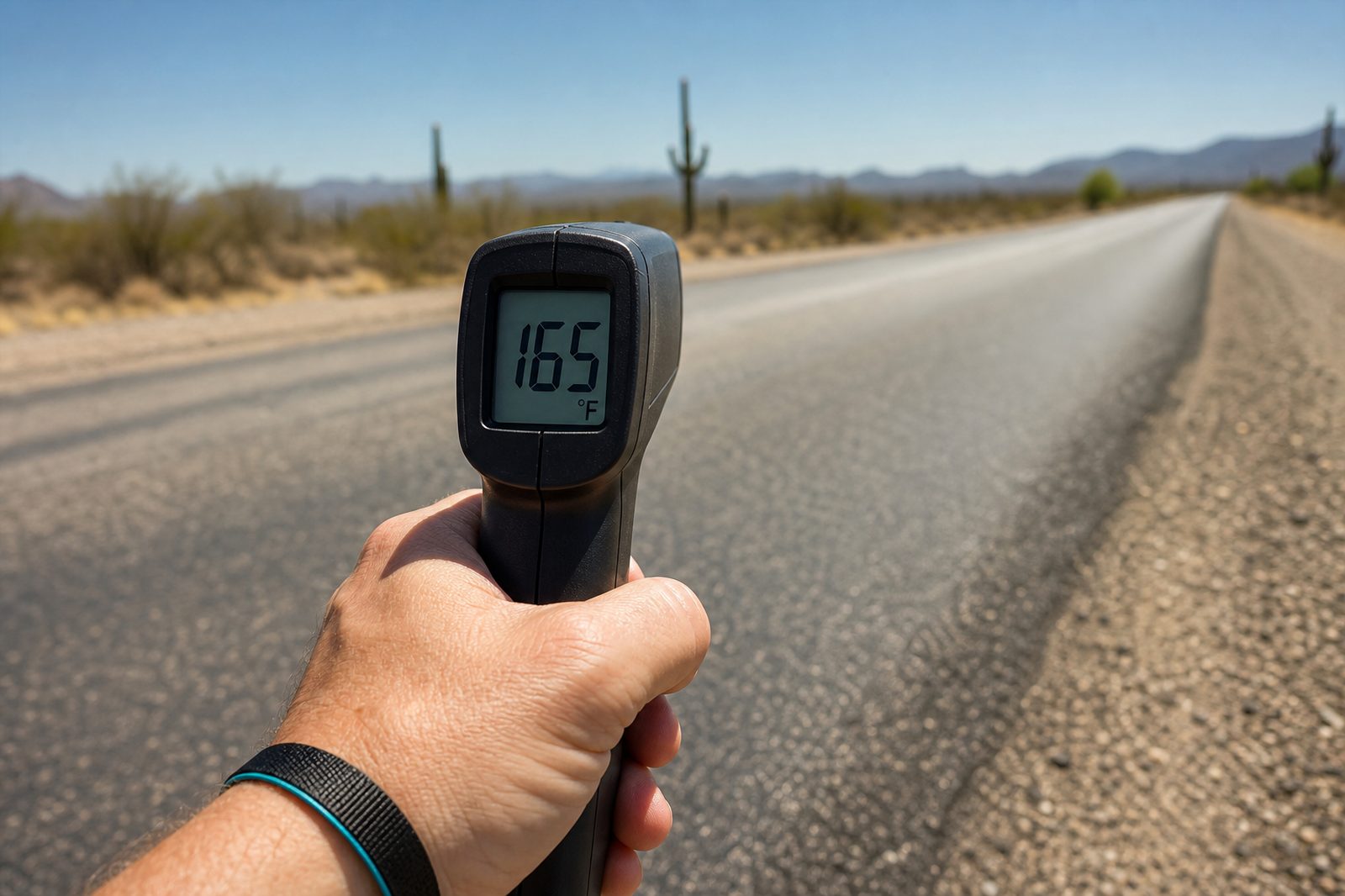 Infrared thermometer showing a high surface temperature on sun-baked asphalt