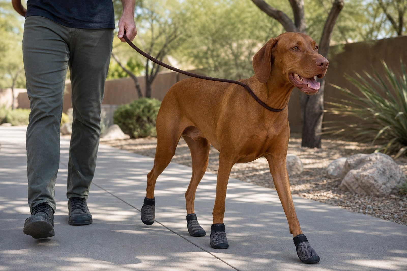 Adult Whippet wearing breathable mesh booties on a shaded Scottsdale sidewalk