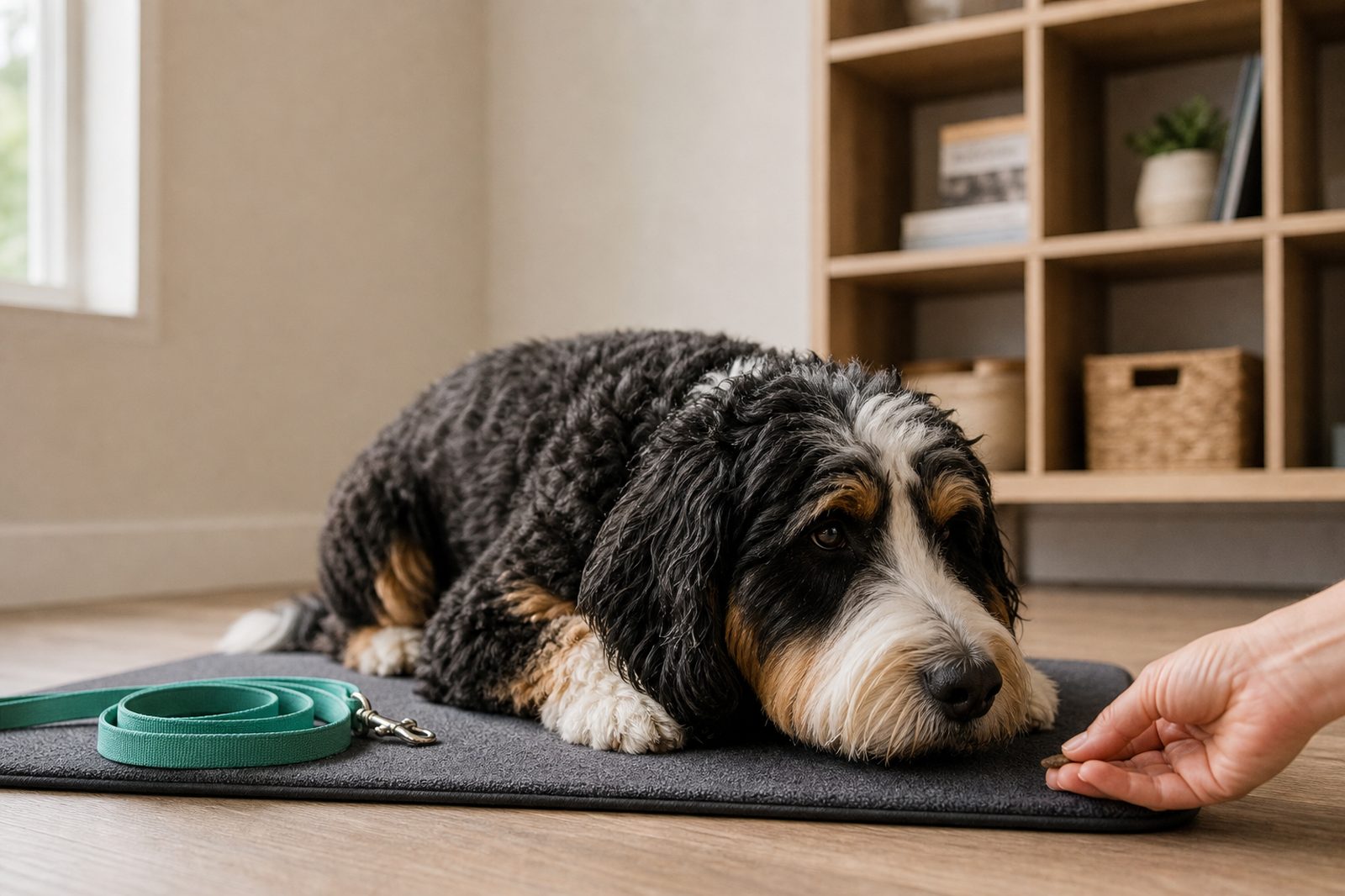 Cavalier King Charles Spaniel holding a calm settle on a mat while a trainer rewards the quiet