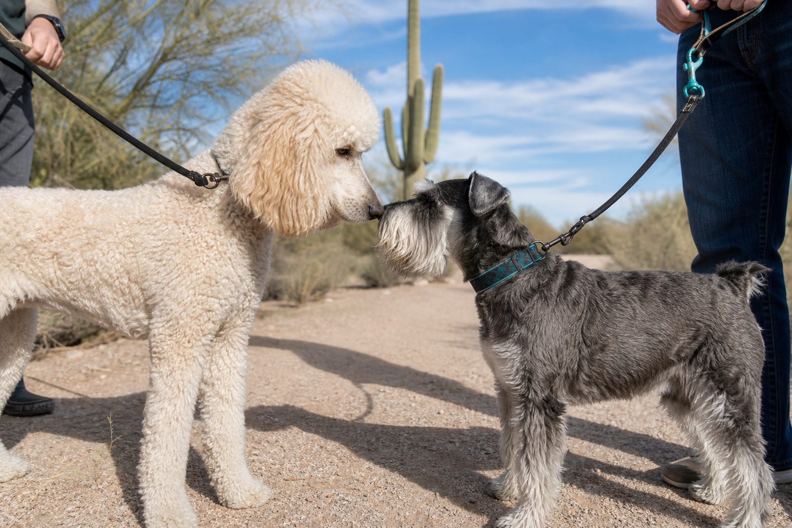 Two adult dogs of different breeds greeting nose to nose at a Scottsdale dog park