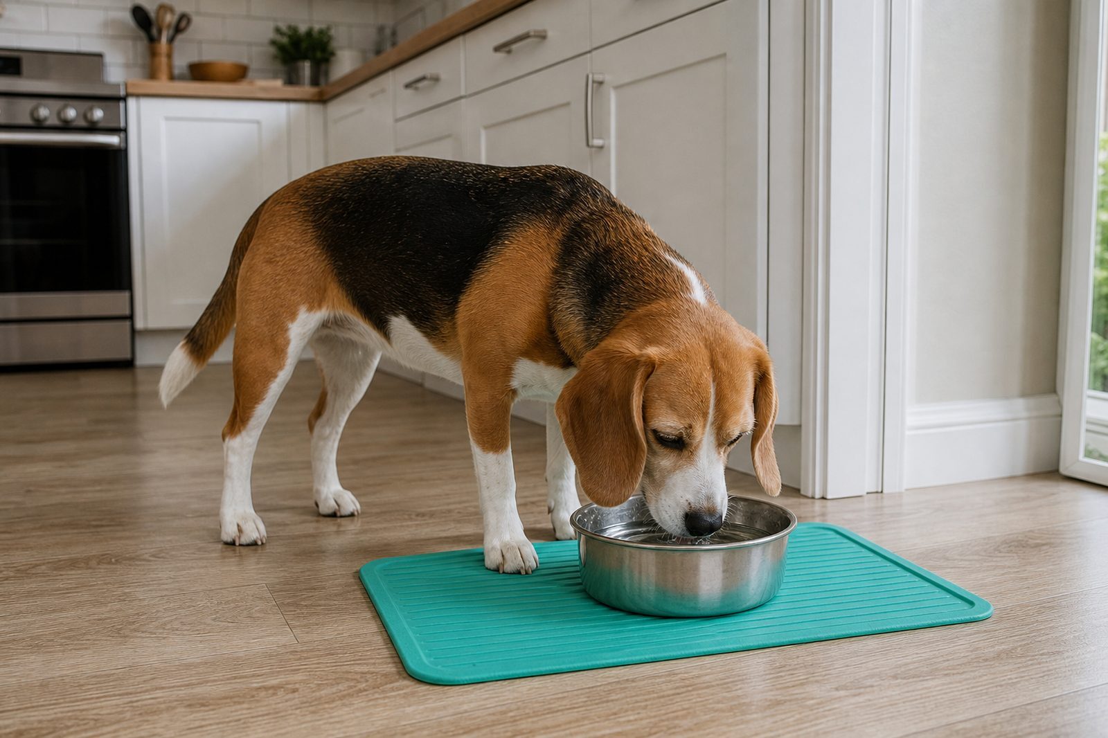 Adult Beagle drinking from its own clean water bowl at home