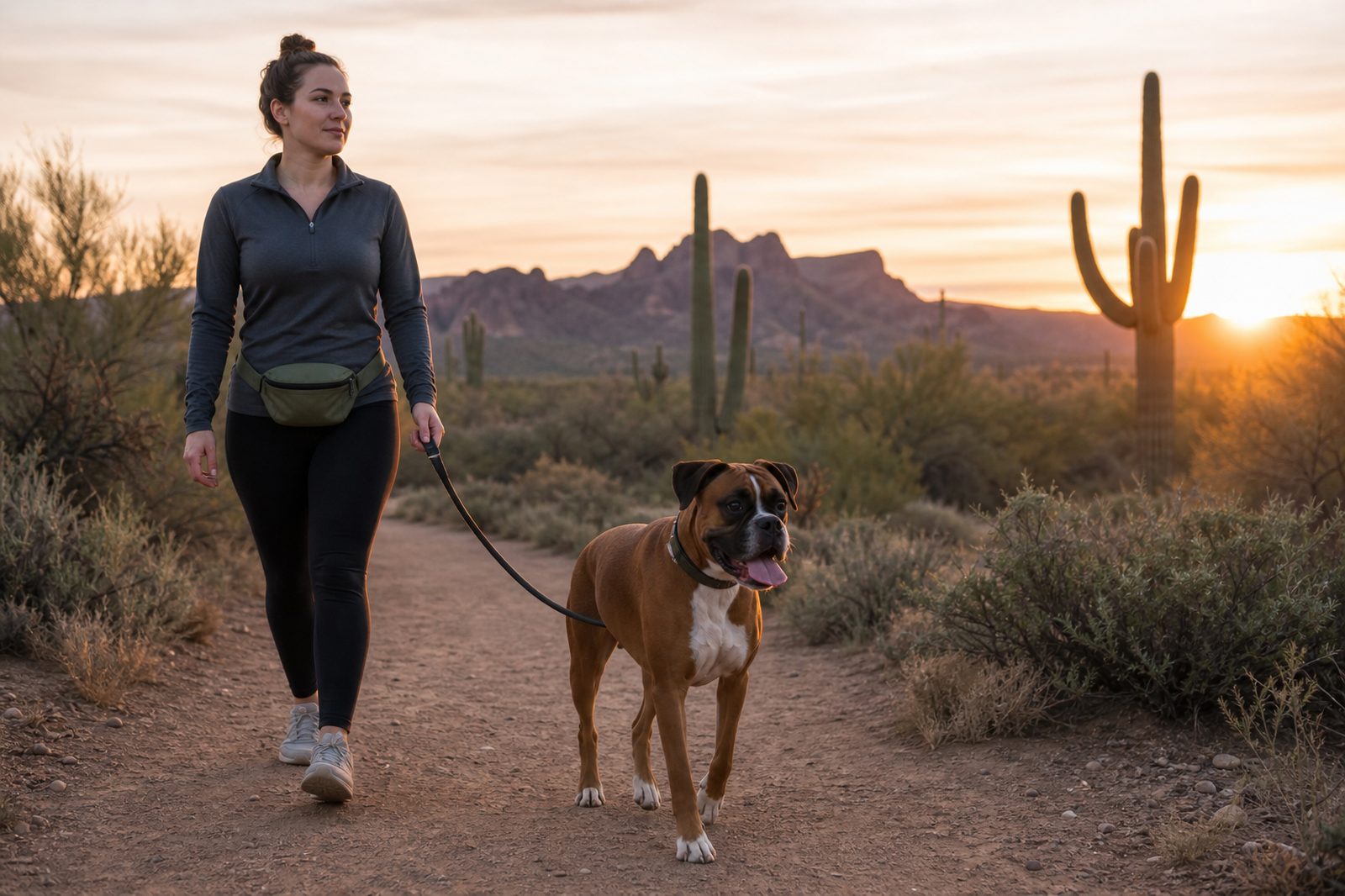 Calm management walk at dawn on a wide Arizona desert path, handler and dog with loose leash