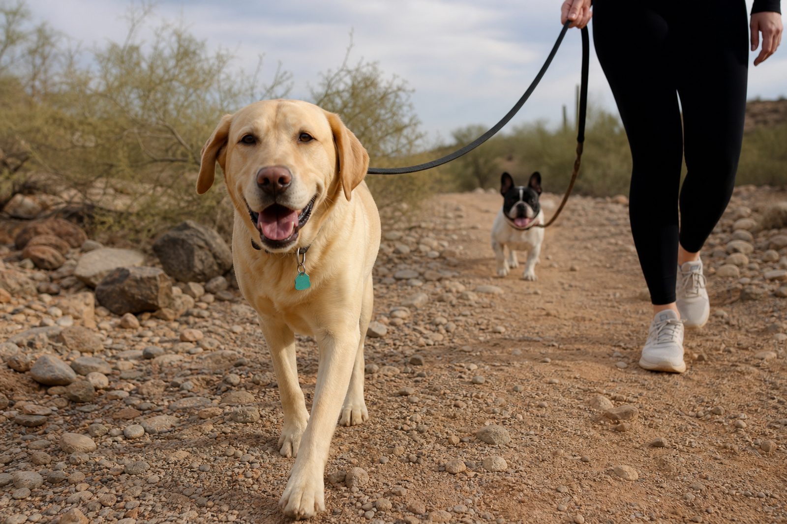 Lexi Head walking an adult Border Collie on a loose leash at a desert trailhead