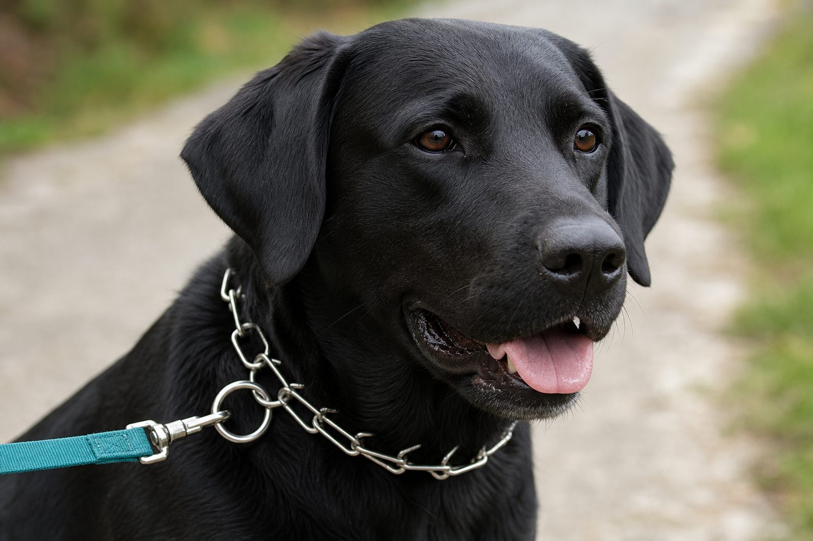 Properly fitted prong collar sitting high and snug on an adult Labrador Retriever