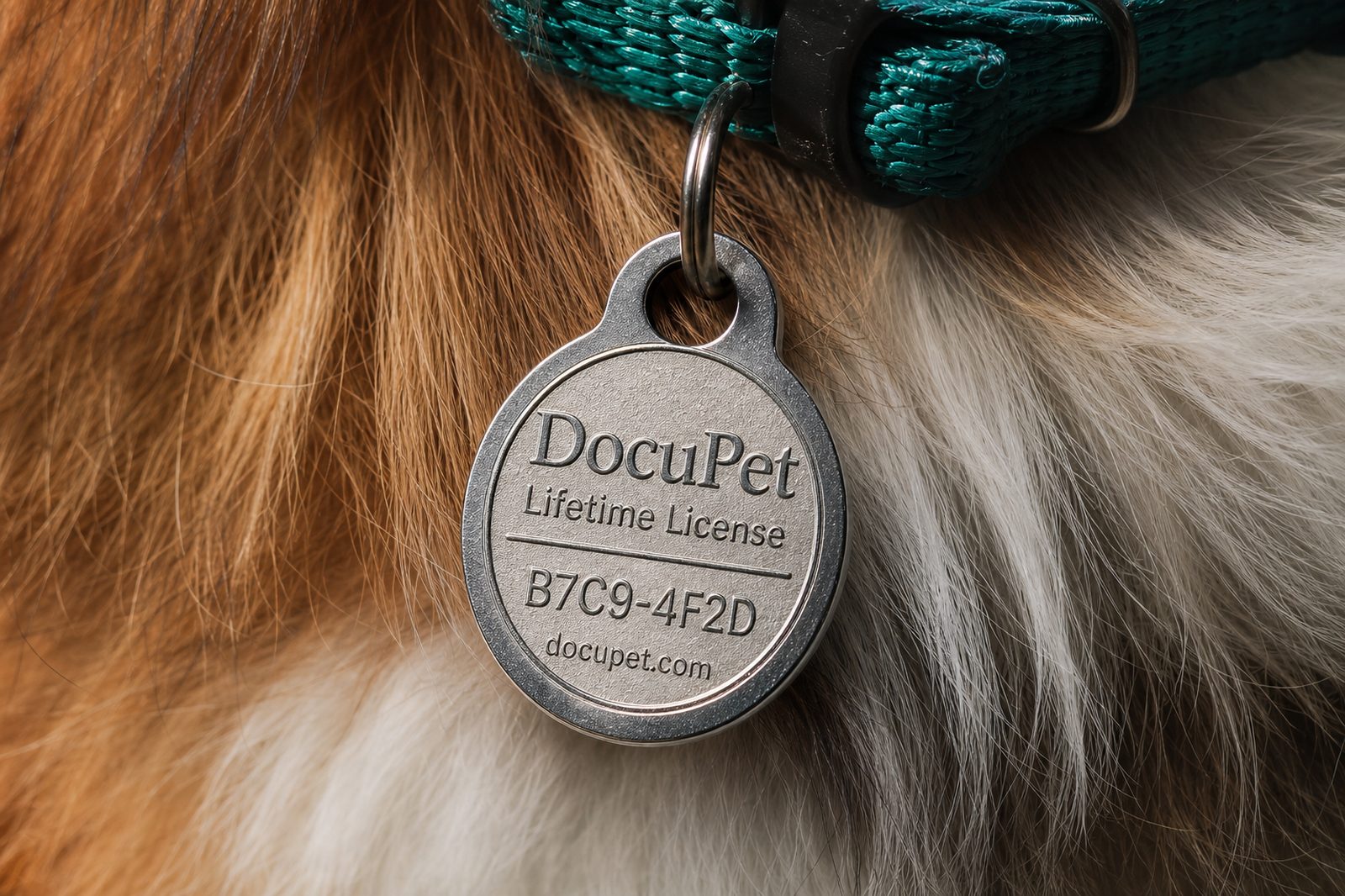 DocuPet lifetime license tag with unique ID code linked to an online pet profile