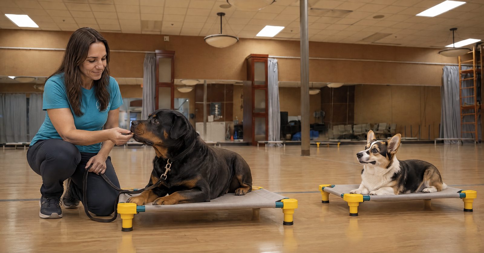 Trainer rewarding a dog on its place cot while a second dog waits on its own cot in multi dog household training