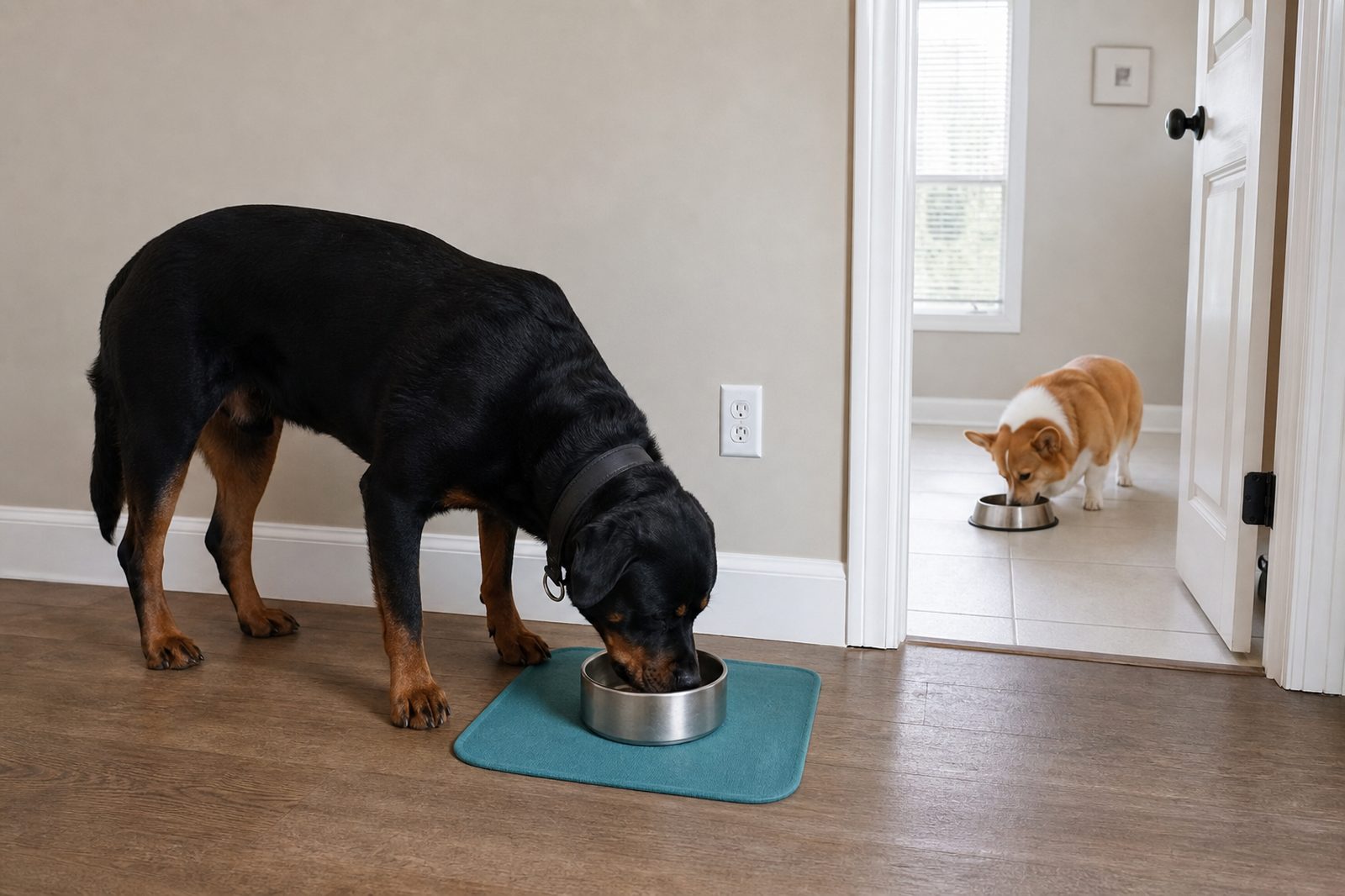 Two dogs of different breeds eating from separate bowls in different rooms, multi dog household resource management