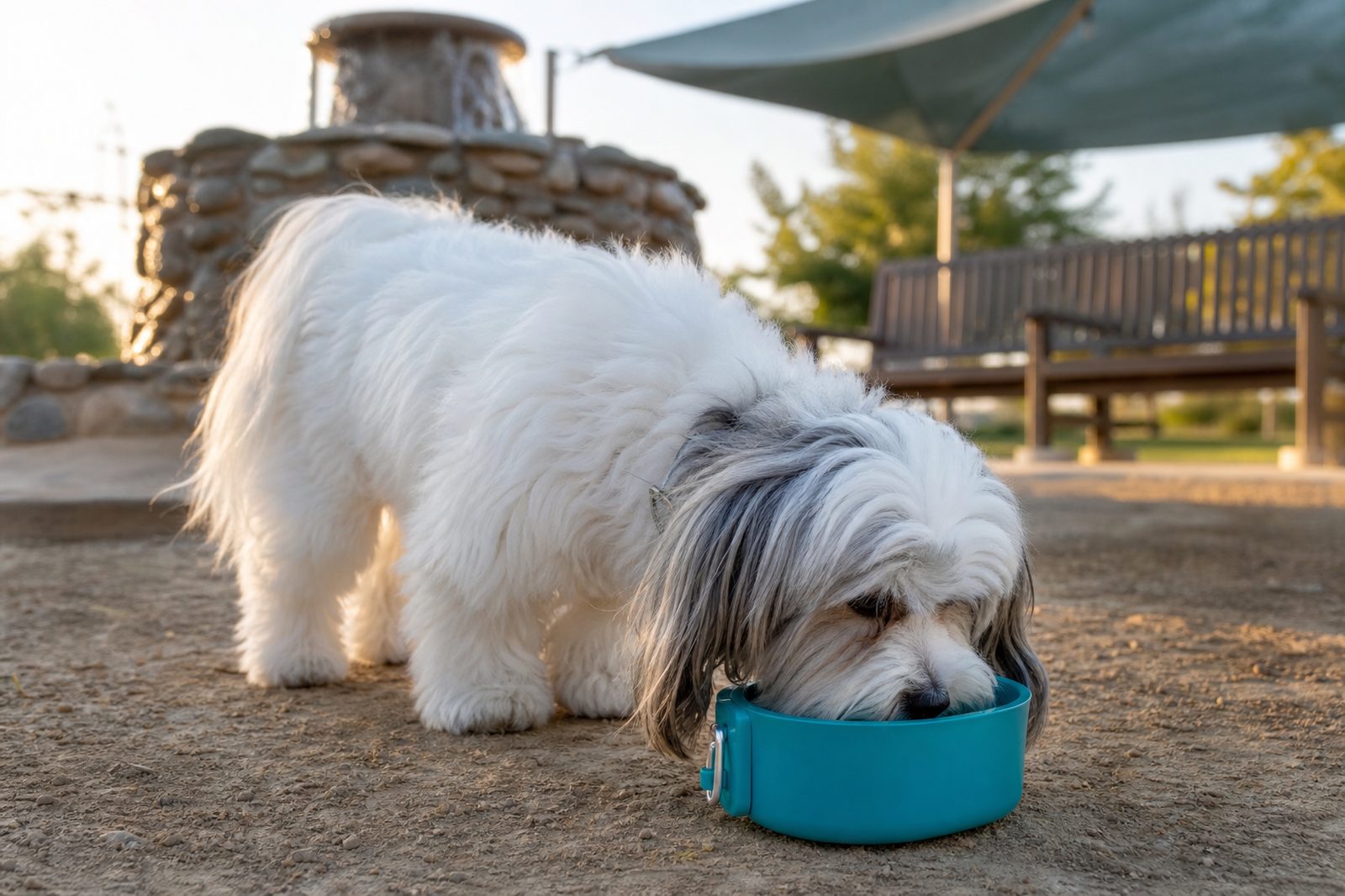 Shaded dog park water fountains and seating area in Scottsdale