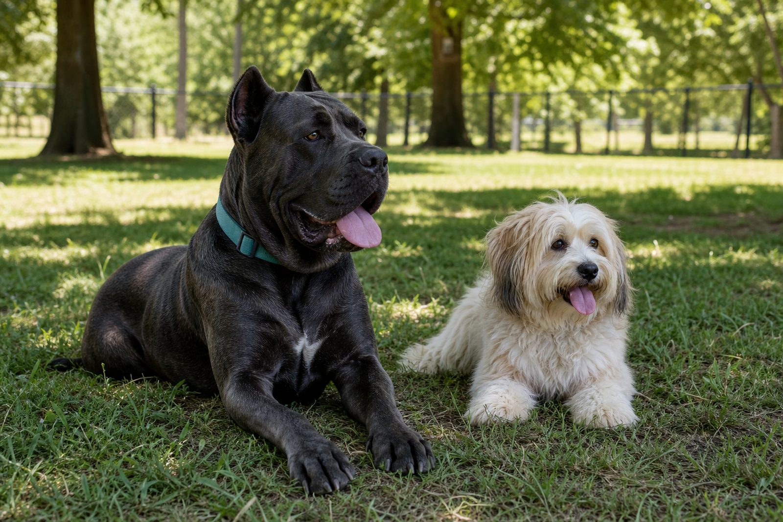 Two dogs of different breeds resting in shade at a dog park on a summer morning