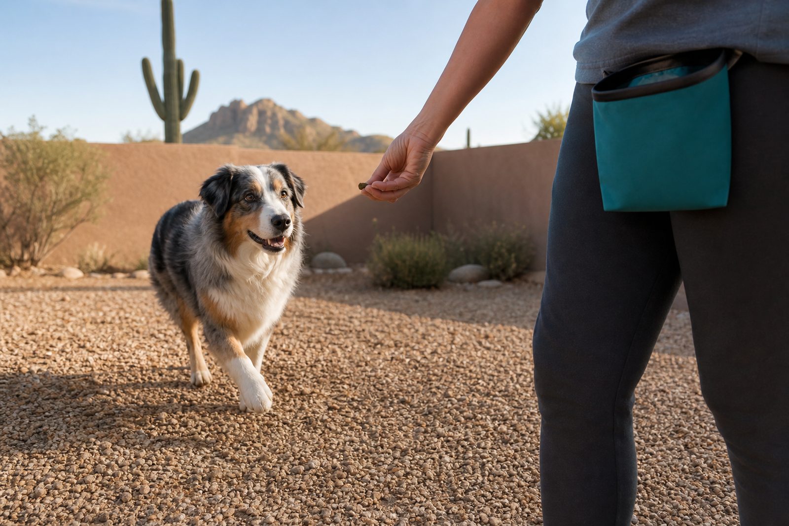 Pet parent practicing structured adolescence training with an eight-month-old dog at home in Cave Creek