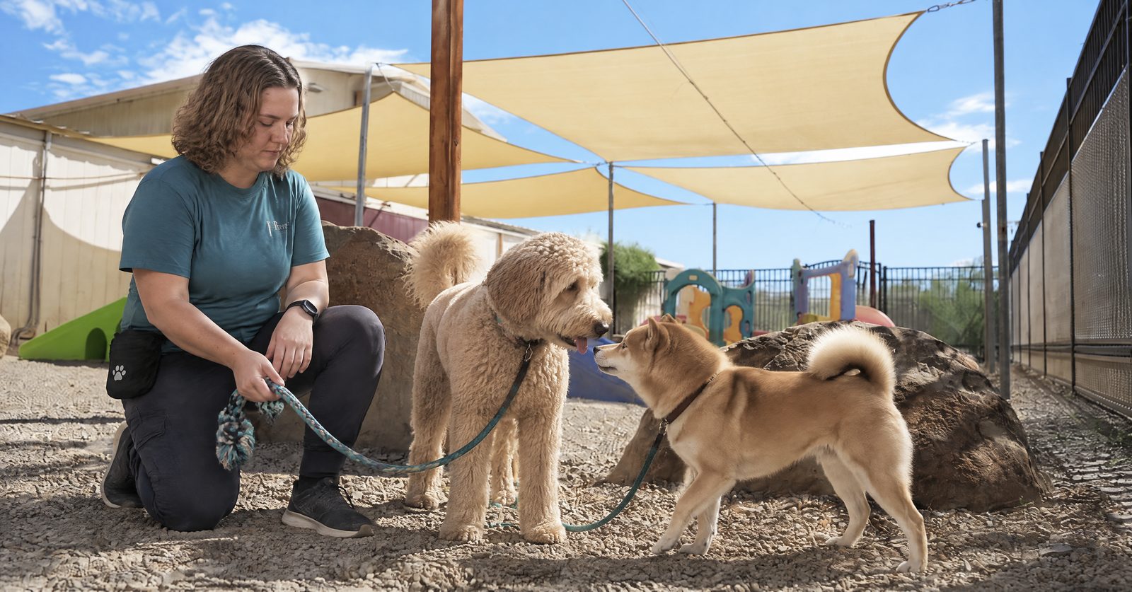 Emma Vincent coaching a Golden Retriever and an Australian Shepherd in Pre-School Puppy
