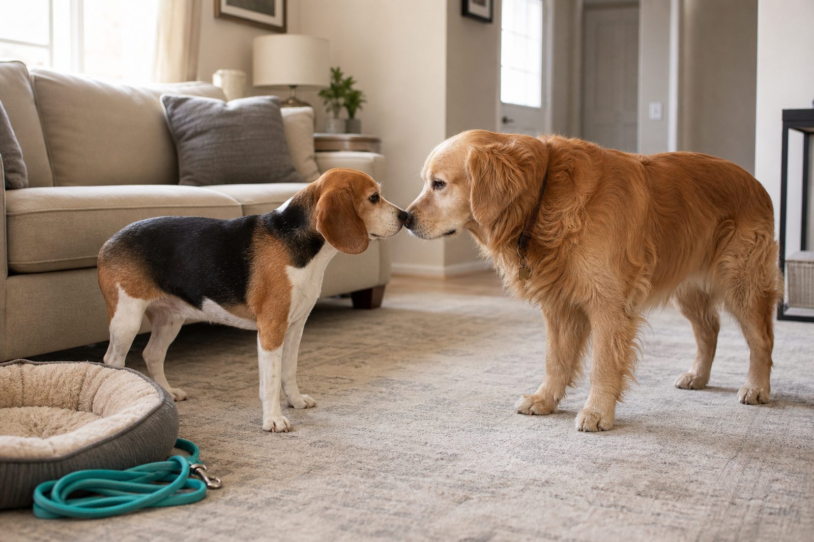 Young adult Beagle calmly greeting a known healthy adult Golden Retriever in a living room