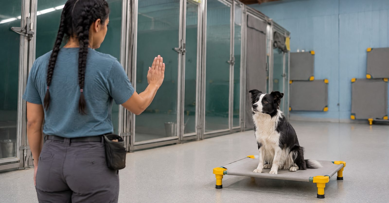 Trainer supervising a group class of young adult dogs of different breeds in Cave Creek