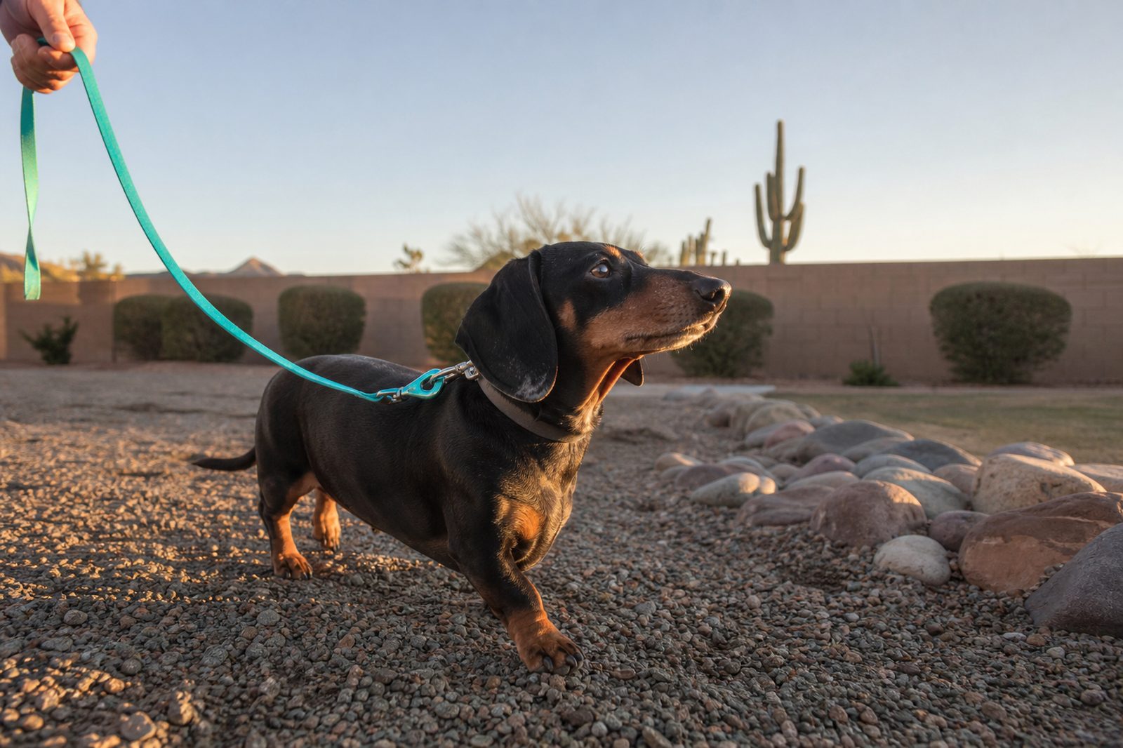 Trainer walking a dog through a clear-sightline Arizona backyard, rattlesnake management in practice