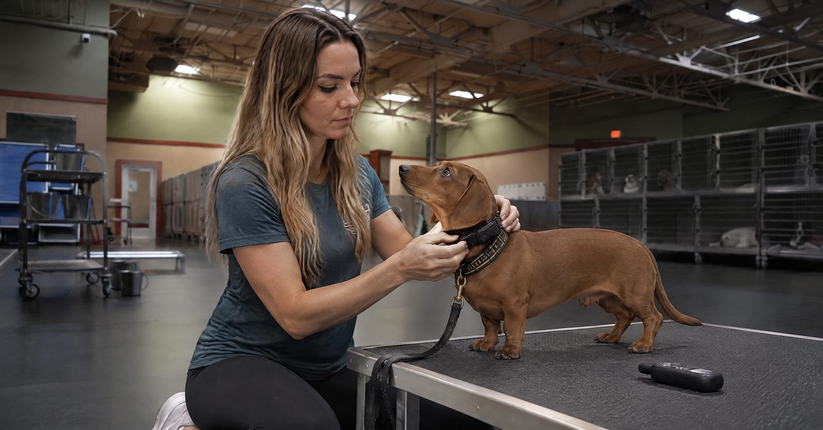 Trainer conditioning an e-collar on a dog before a rattlesnake avoidance session in Scottsdale