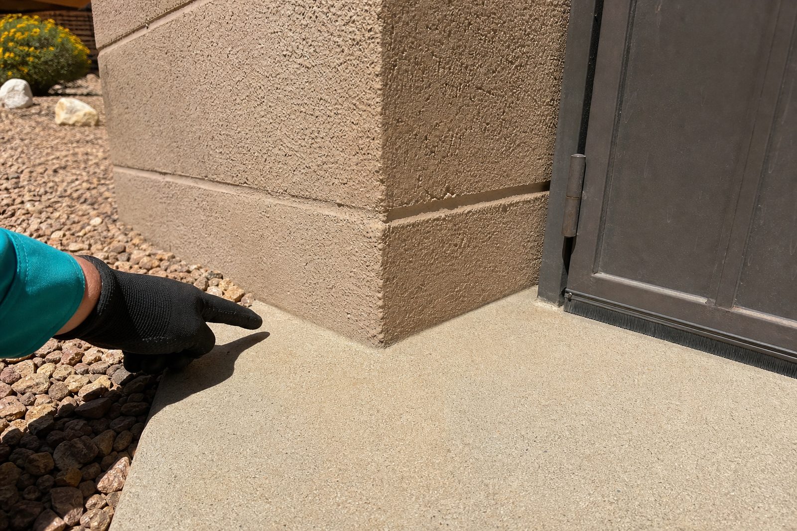 Smooth block wall perimeter audit: sealed block wall base and side gate in an Arizona backyard