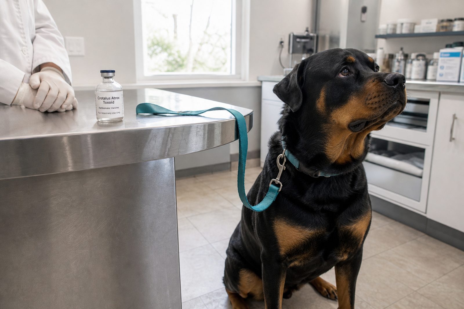 Rattlesnake vaccine vial labeled Crotalus Atrox Toxoid at an Arizona vet clinic
