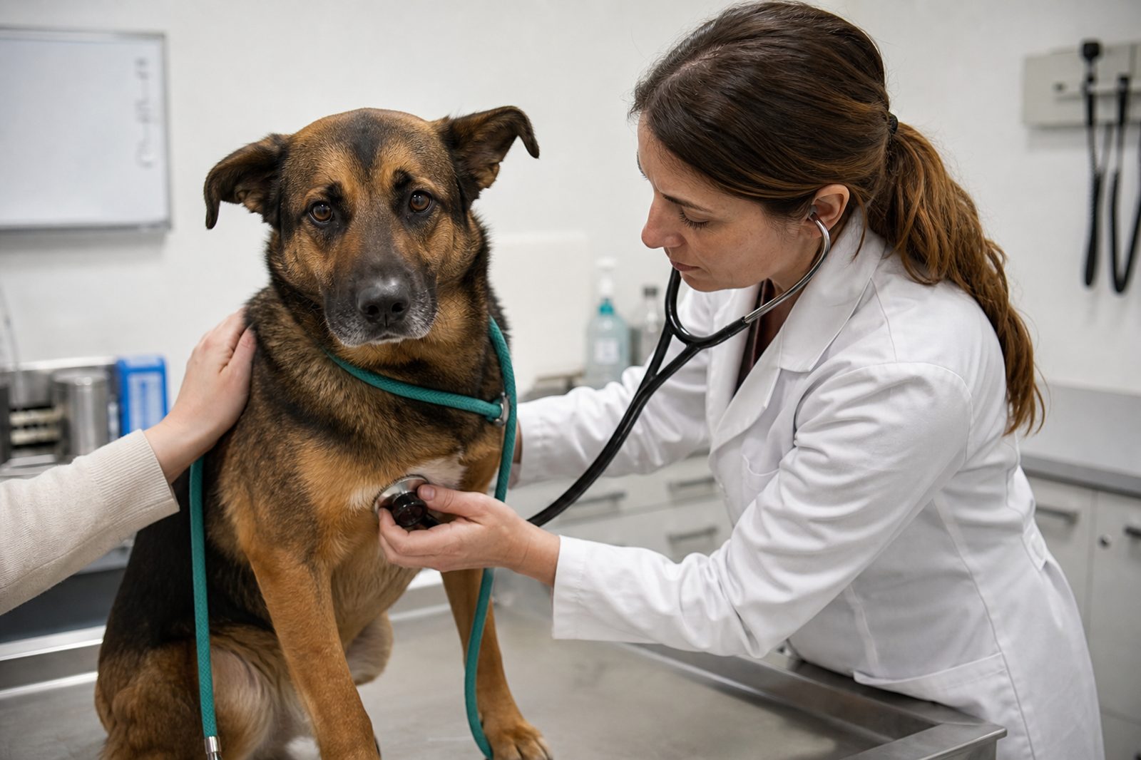 Partners Dogs trainer consulting an Arizona emergency veterinarian examining a bitten dog