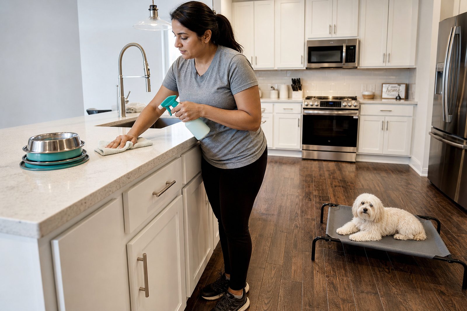 Pet Parent sanitizing dog bowls and a counter after handling raw dog food