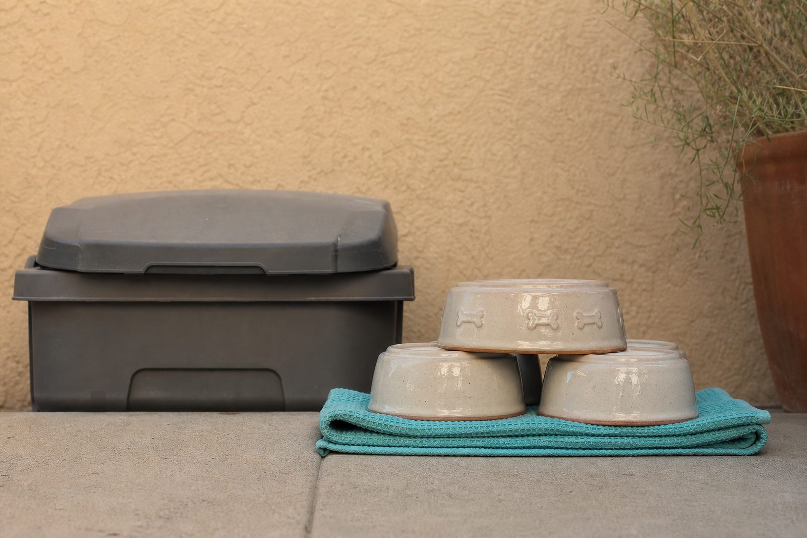 Sealed trash container and sanitized dog bowls after disposing of recalled raw dog food