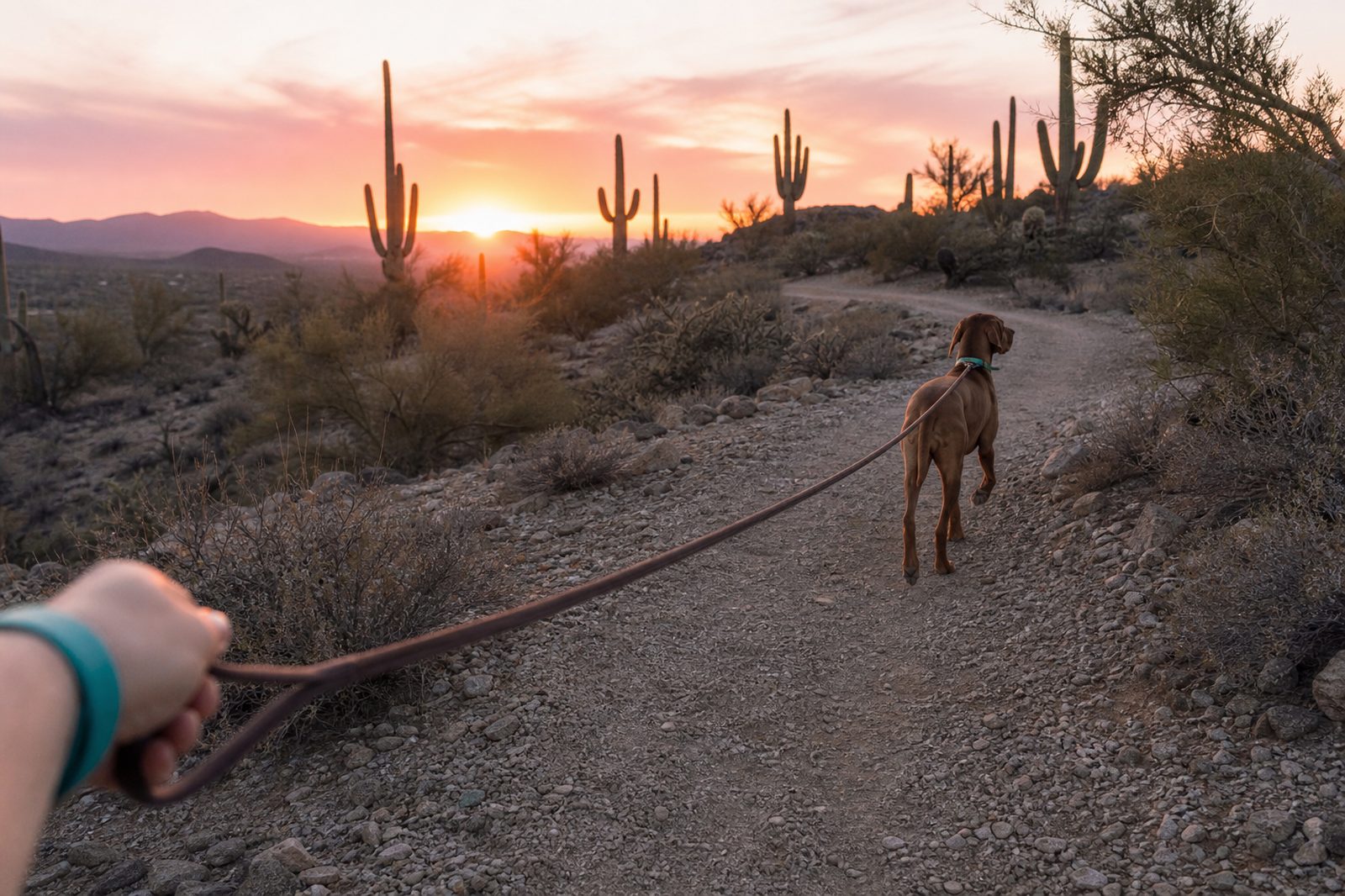 Chase Larson hiking with an adult Australian Shepherd on a long line at sunrise